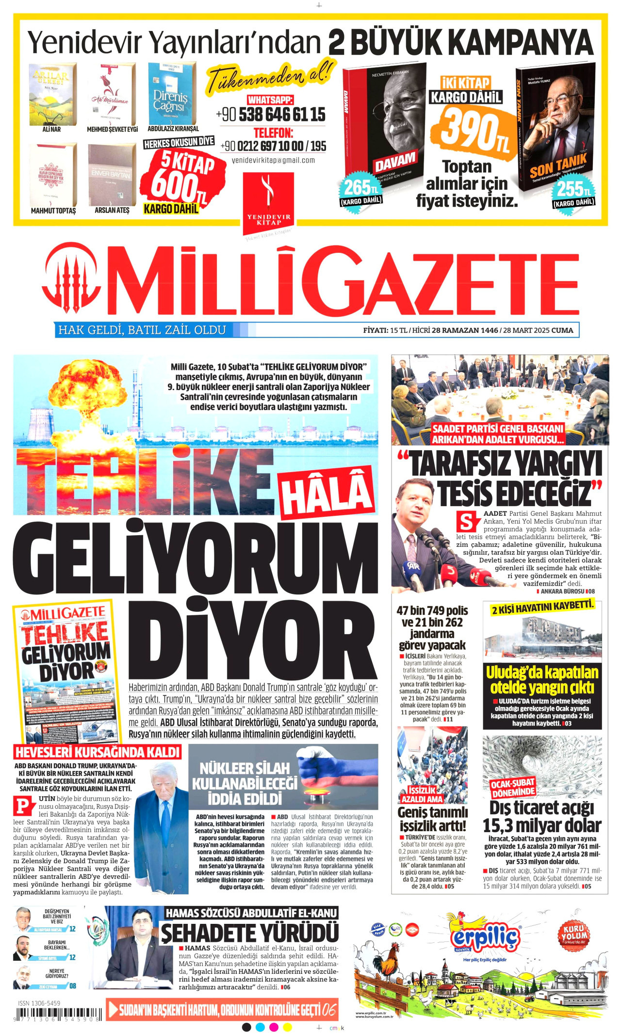 MİLLİ GAZETE gazetesinin 28 Mart 2025 tarihli birinci sayfası
