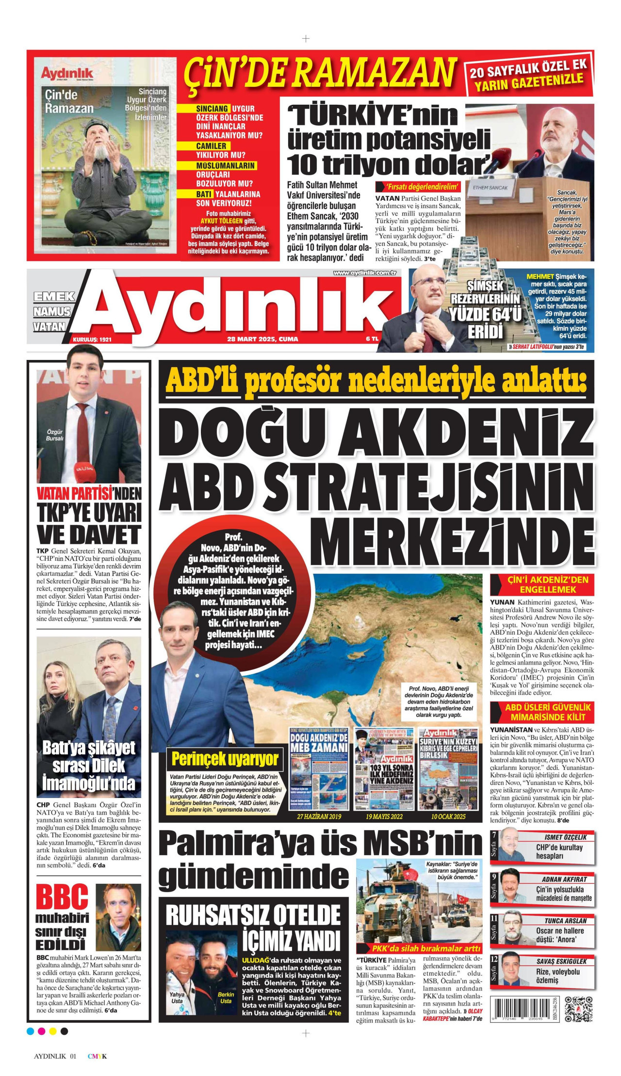 AYDINLIK GAZETESİ gazetesinin 28 Mart 2025 tarihli birinci sayfası
