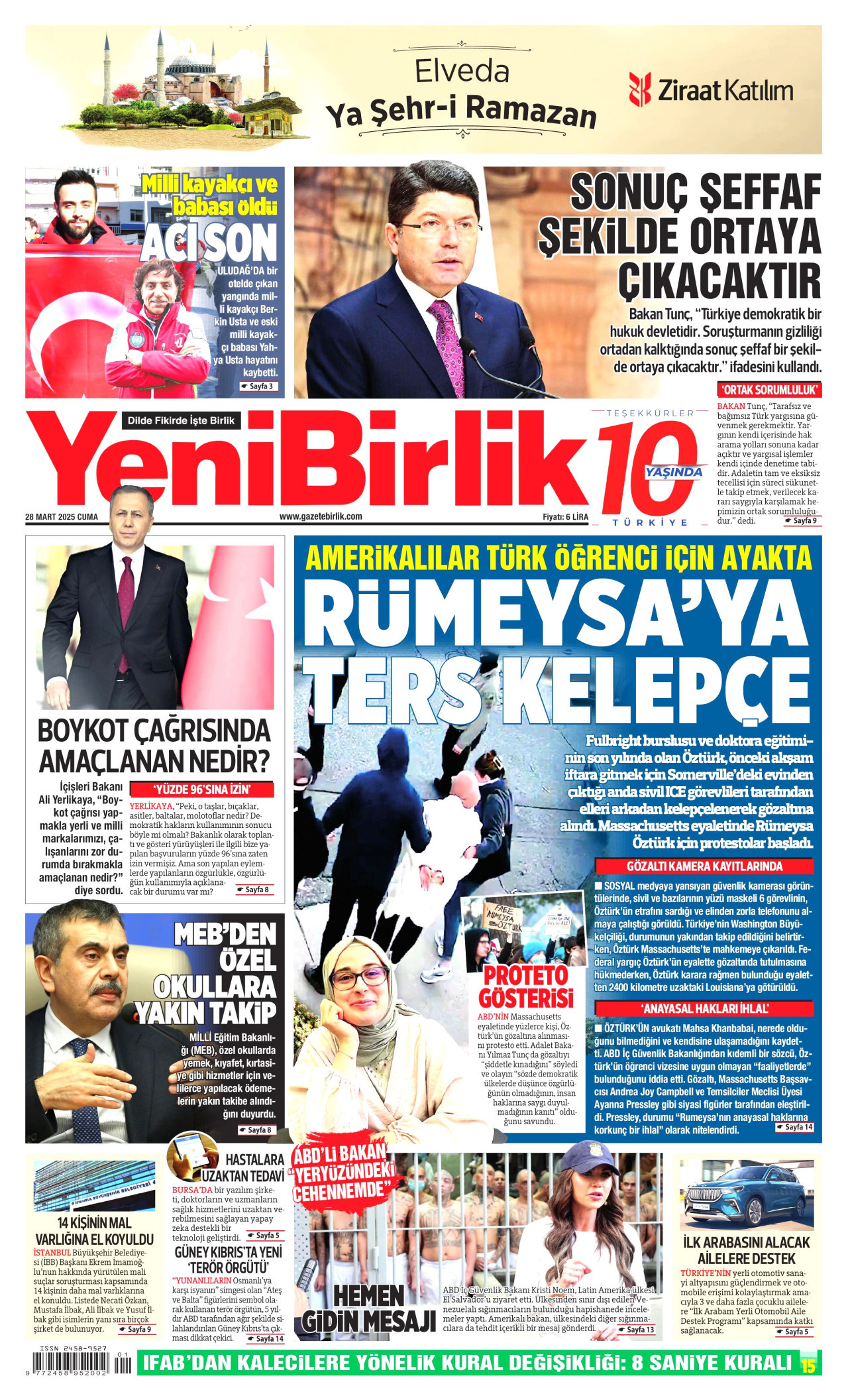 YENİBİRLİK gazetesinin 28 Mart 2025 tarihli birinci sayfası