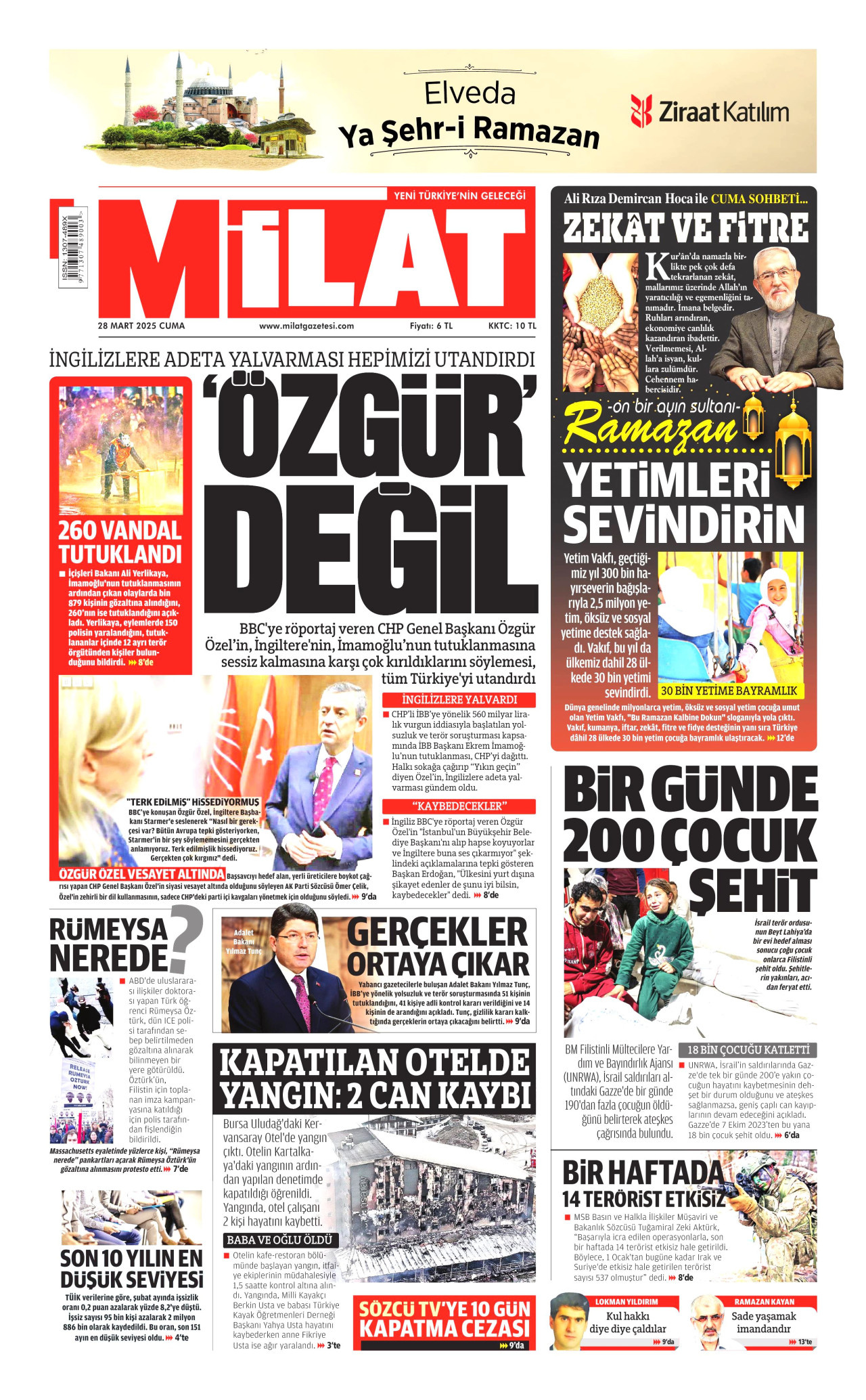 MİLAT gazetesinin 28 Mart 2025 tarihli birinci sayfası