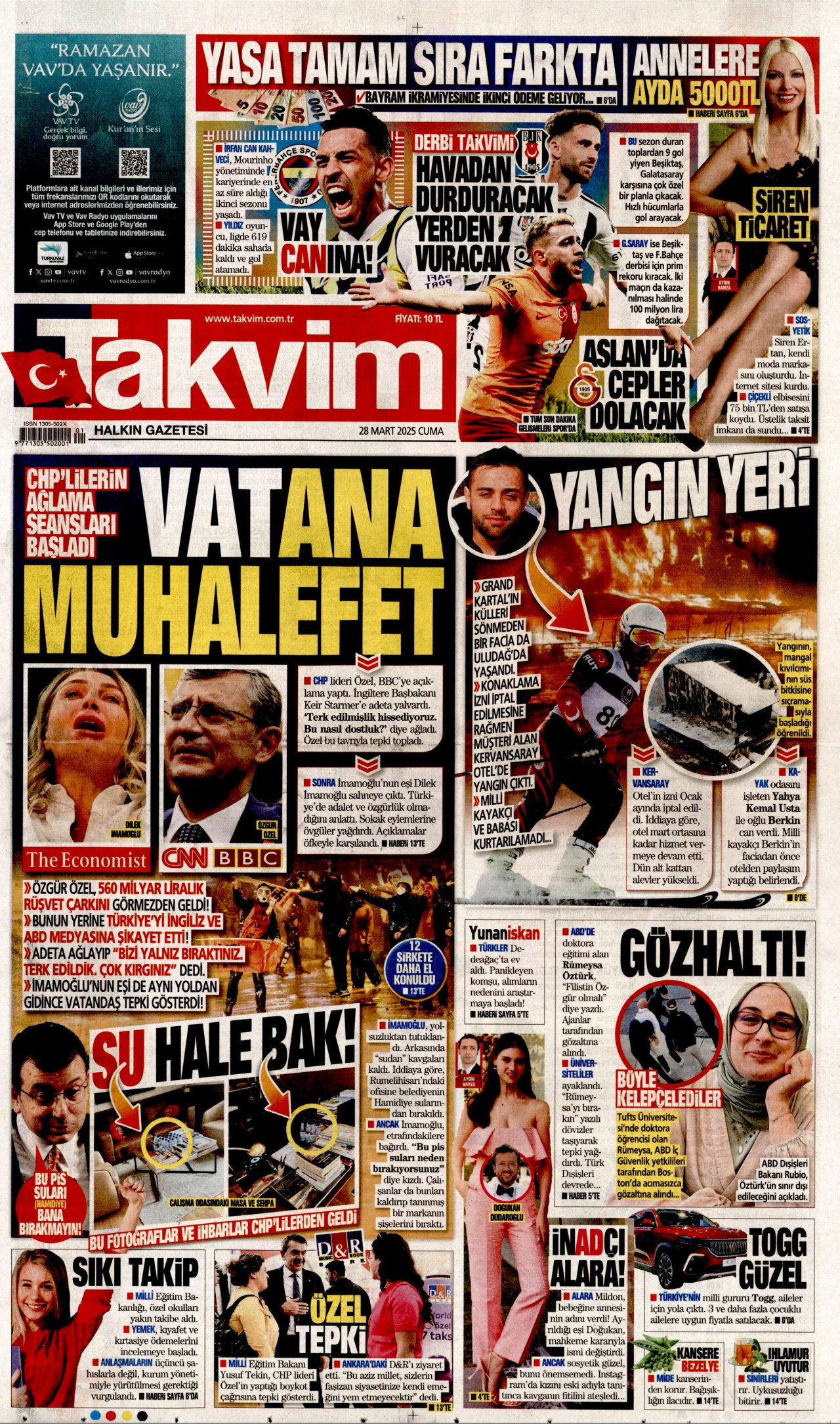 TAKVİM gazetesinin 28 Mart 2025 tarihli birinci sayfası