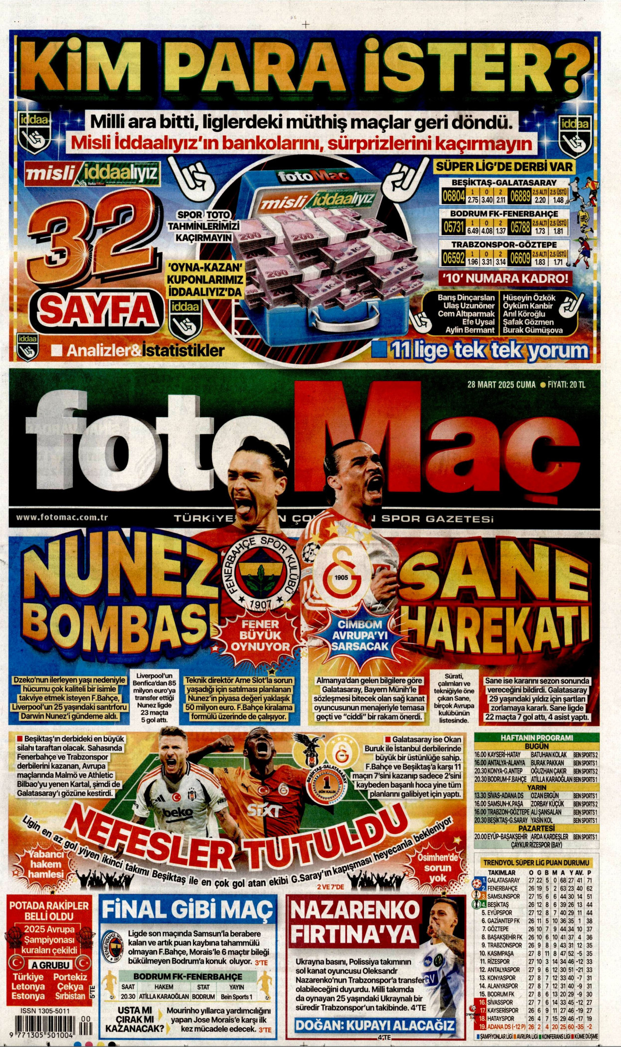 FOTOMAÇ gazetesinin 28 Mart 2025 tarihli birinci sayfası