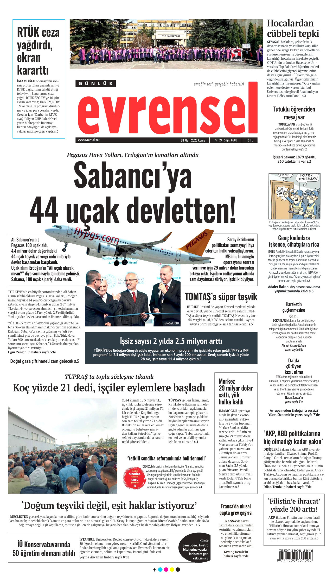 EVRENSEL gazetesinin 28 Mart 2025 tarihli birinci sayfası