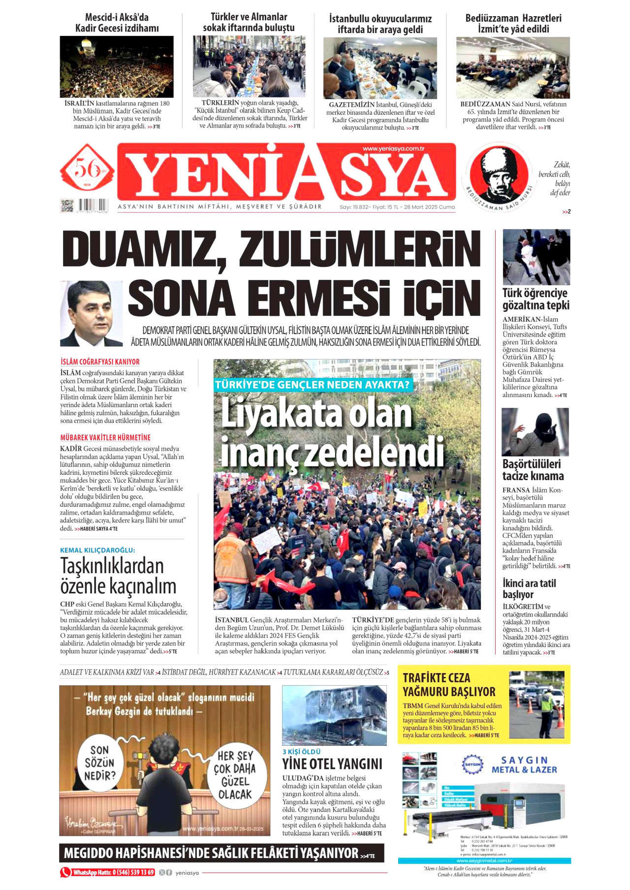 YENİ ASYA gazetesinin 28 Mart 2025 tarihli birinci sayfası