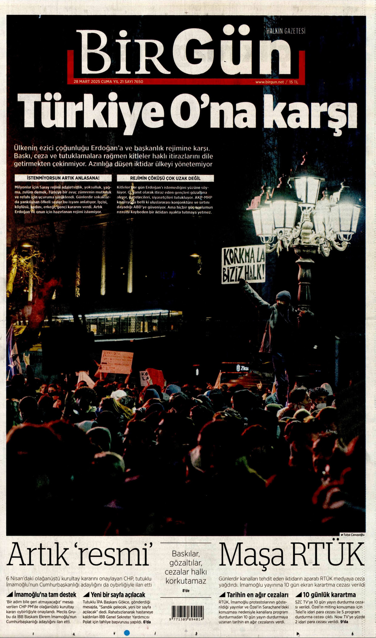 BİRGÜN gazetesinin 28 Mart 2025 tarihli birinci sayfası