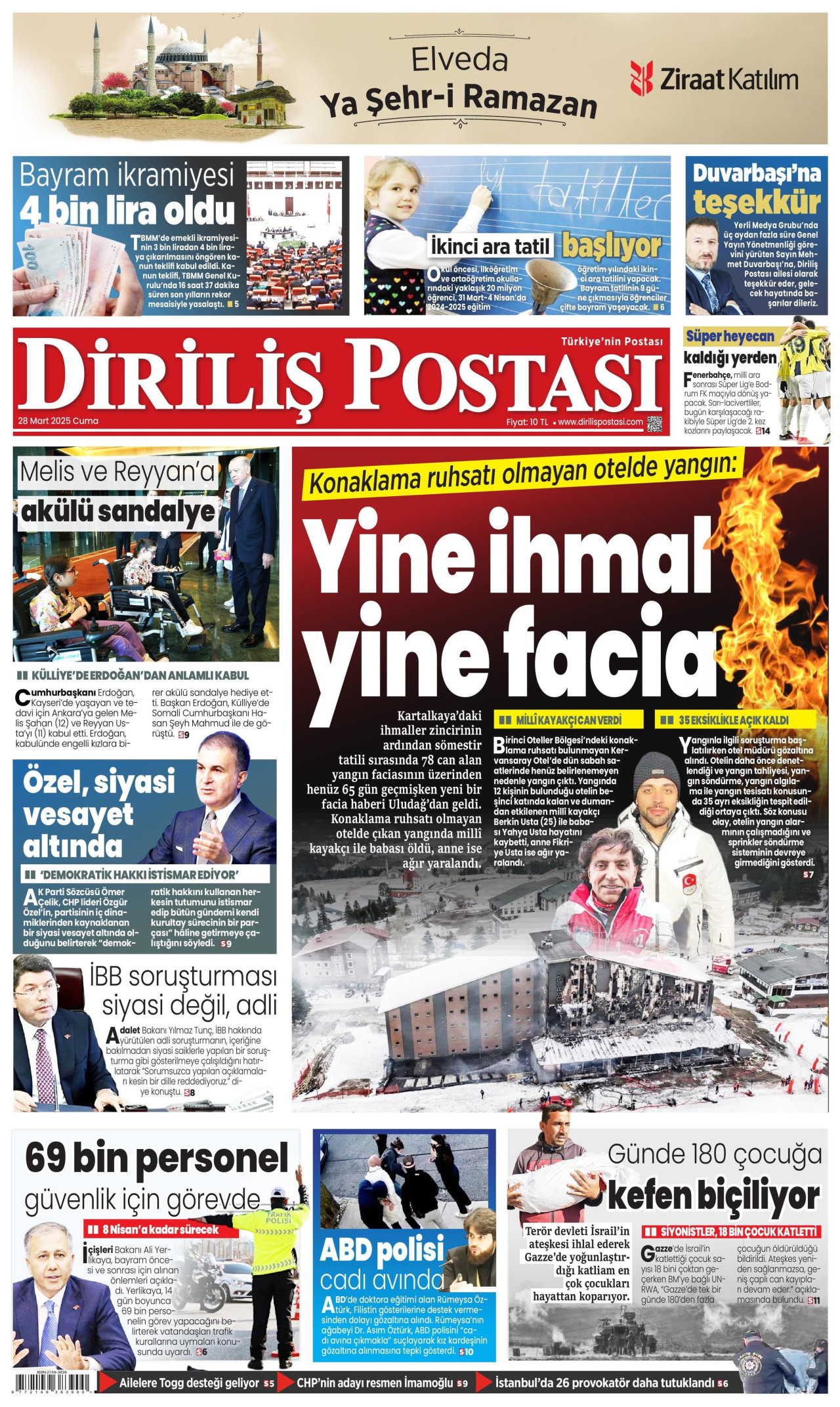 DİRİLİŞ POSTASI gazetesinin 28 Mart 2025 tarihli birinci sayfası