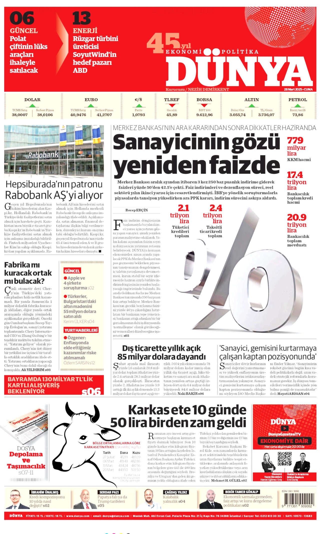 DÜNYA gazetesinin 28 Mart 2025 tarihli birinci sayfası