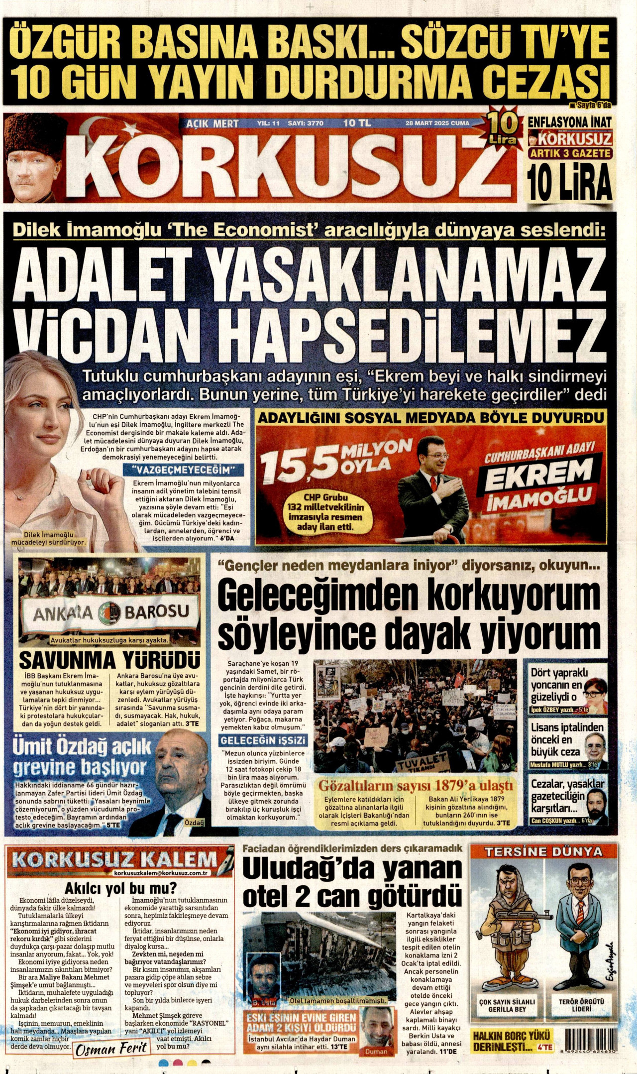 KORKUSUZ gazetesinin 28 Mart 2025 tarihli birinci sayfası