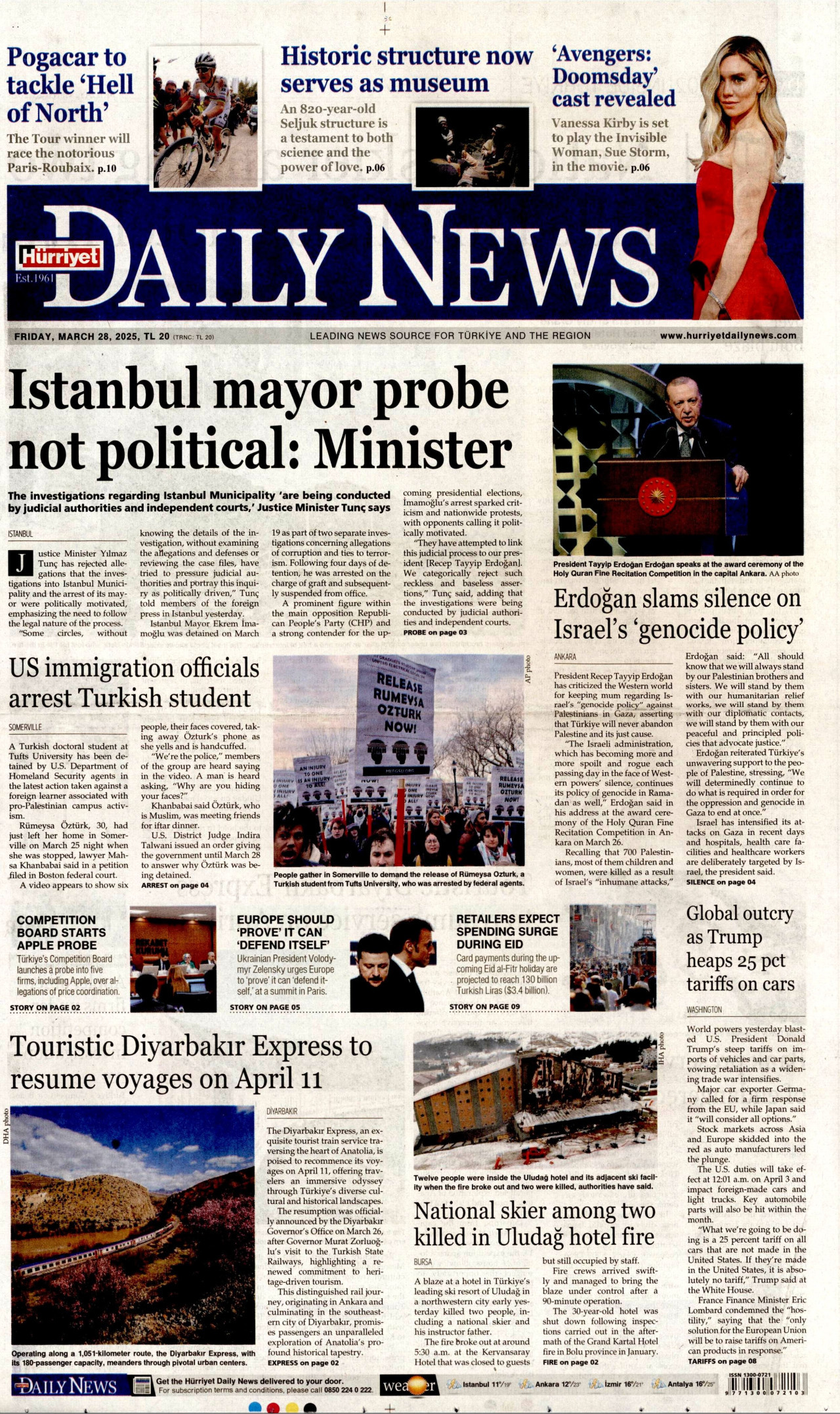 HÜRRİYET DAİLY NEWS gazetesinin 28 Mart 2025 tarihli birinci sayfası