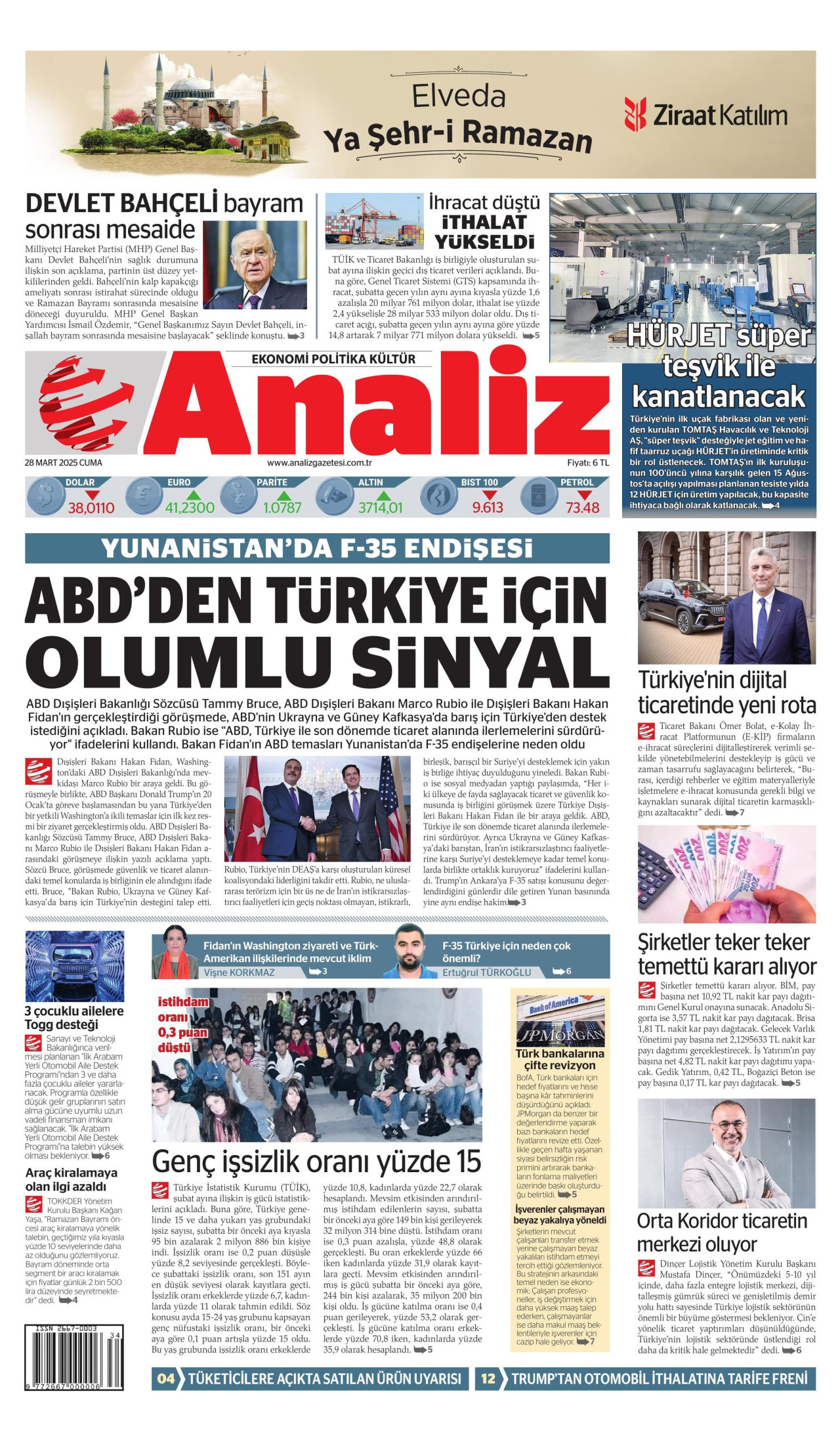 ANALİZ gazetesinin 28 Mart 2025 tarihli birinci sayfası