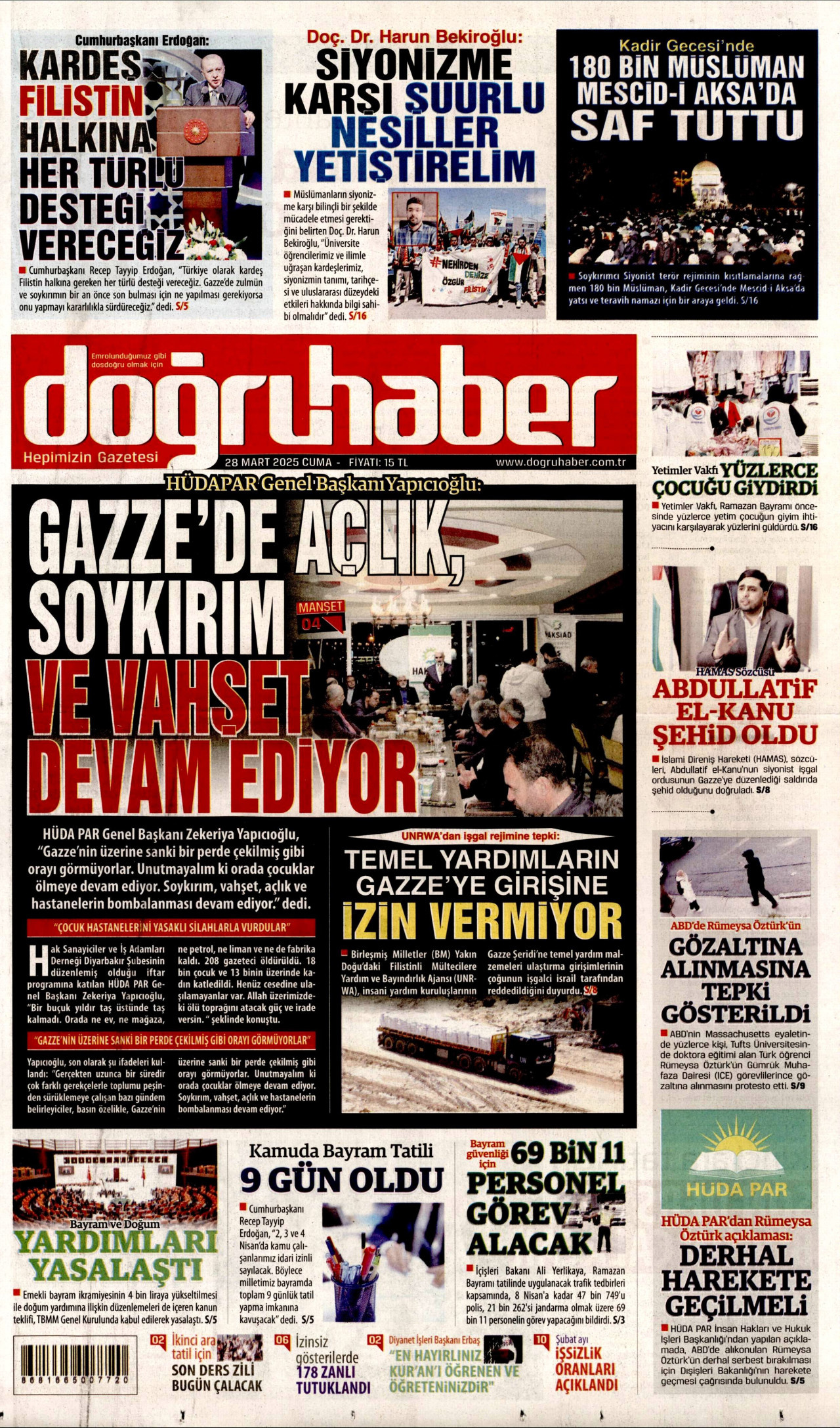 DOĞRU HABER gazetesinin 28 Mart 2025 tarihli birinci sayfası