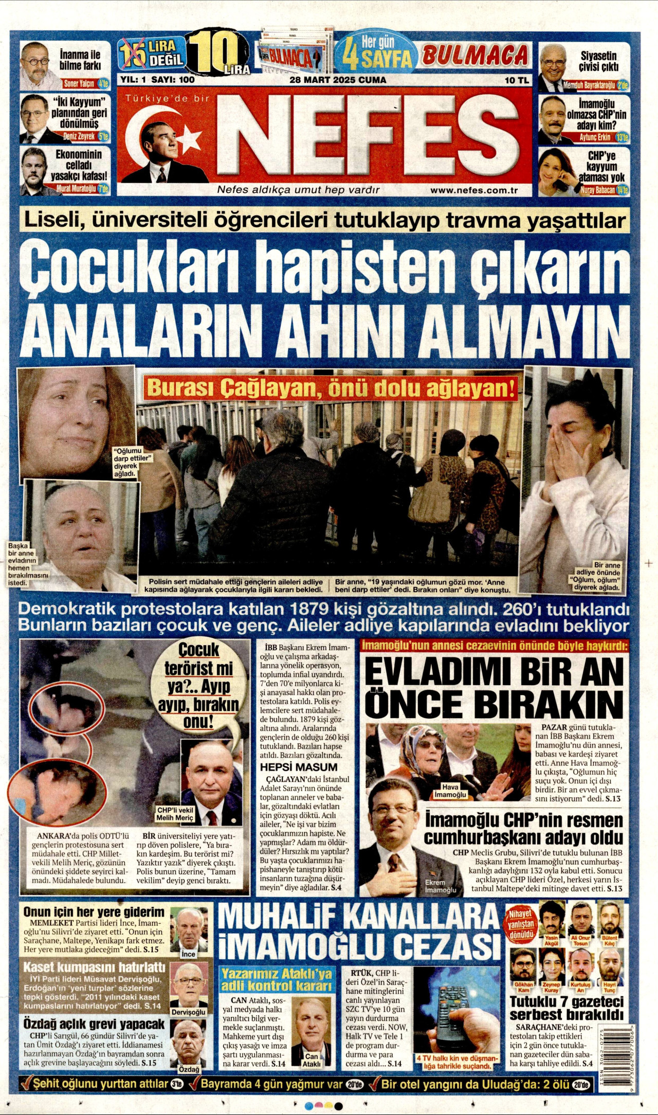 NEFES gazetesinin 28 Mart 2025 tarihli birinci sayfası