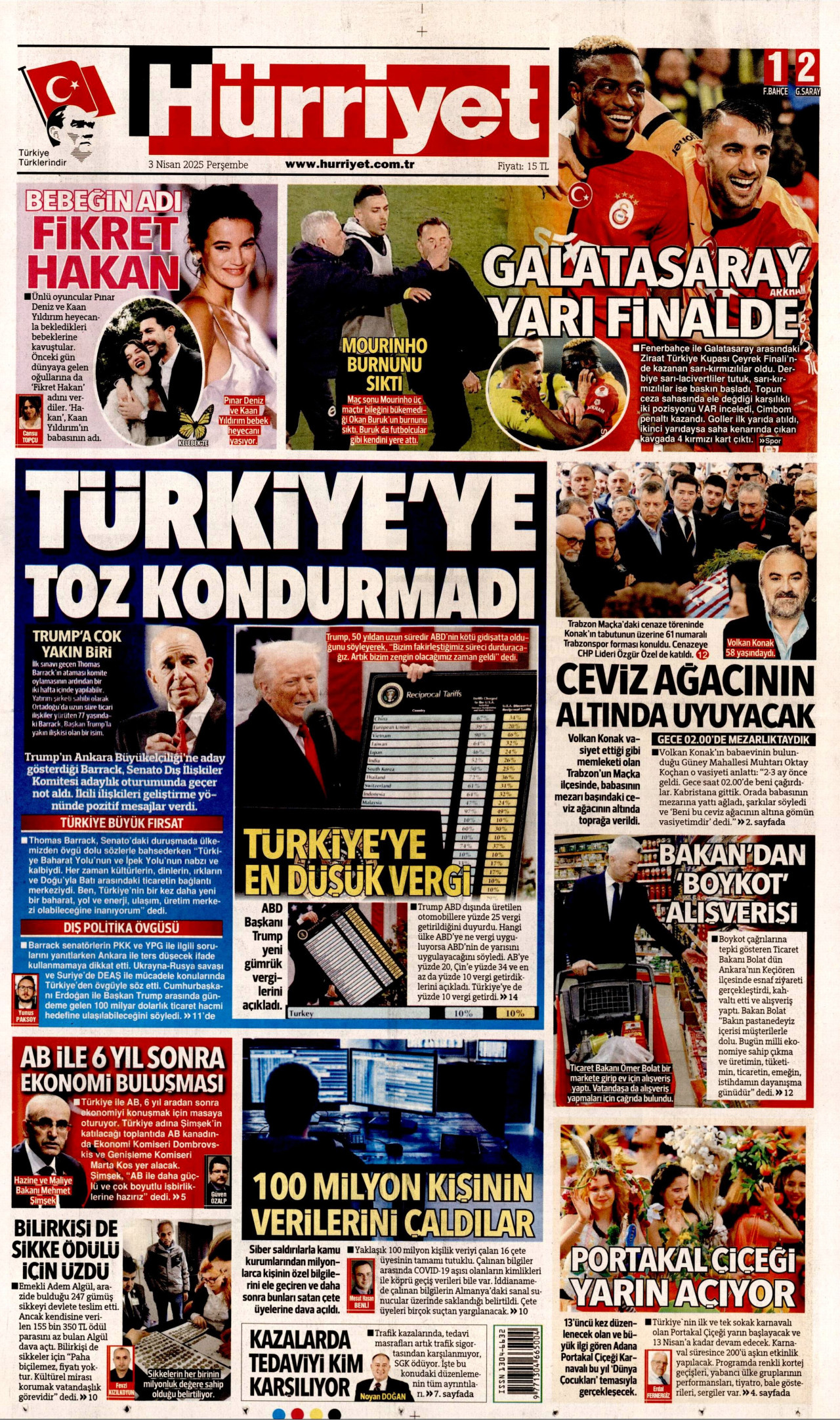 HÜRRİYET gazetesinin 3 Nisan 2025 tarihli birinci sayfası