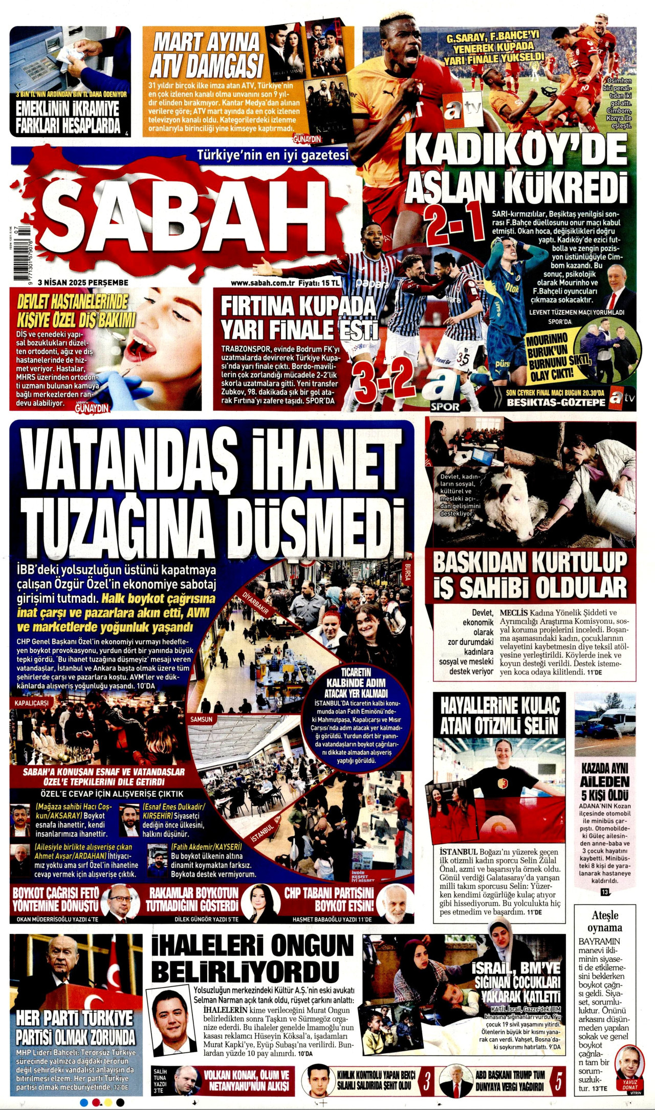 SABAH gazetesinin 3 Nisan 2025 tarihli birinci sayfası