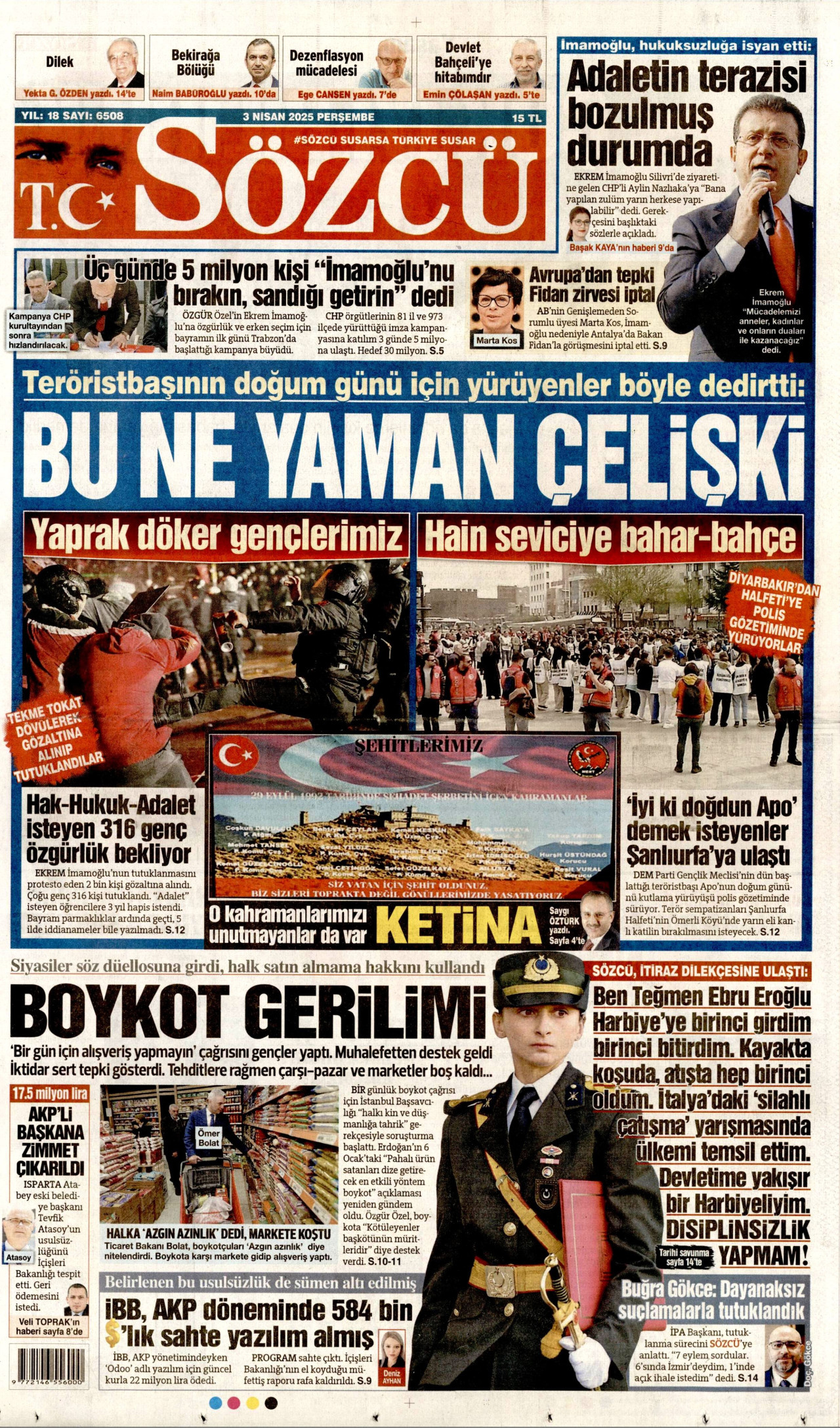SÖZCÜ gazetesinin 3 Nisan 2025 tarihli birinci sayfası