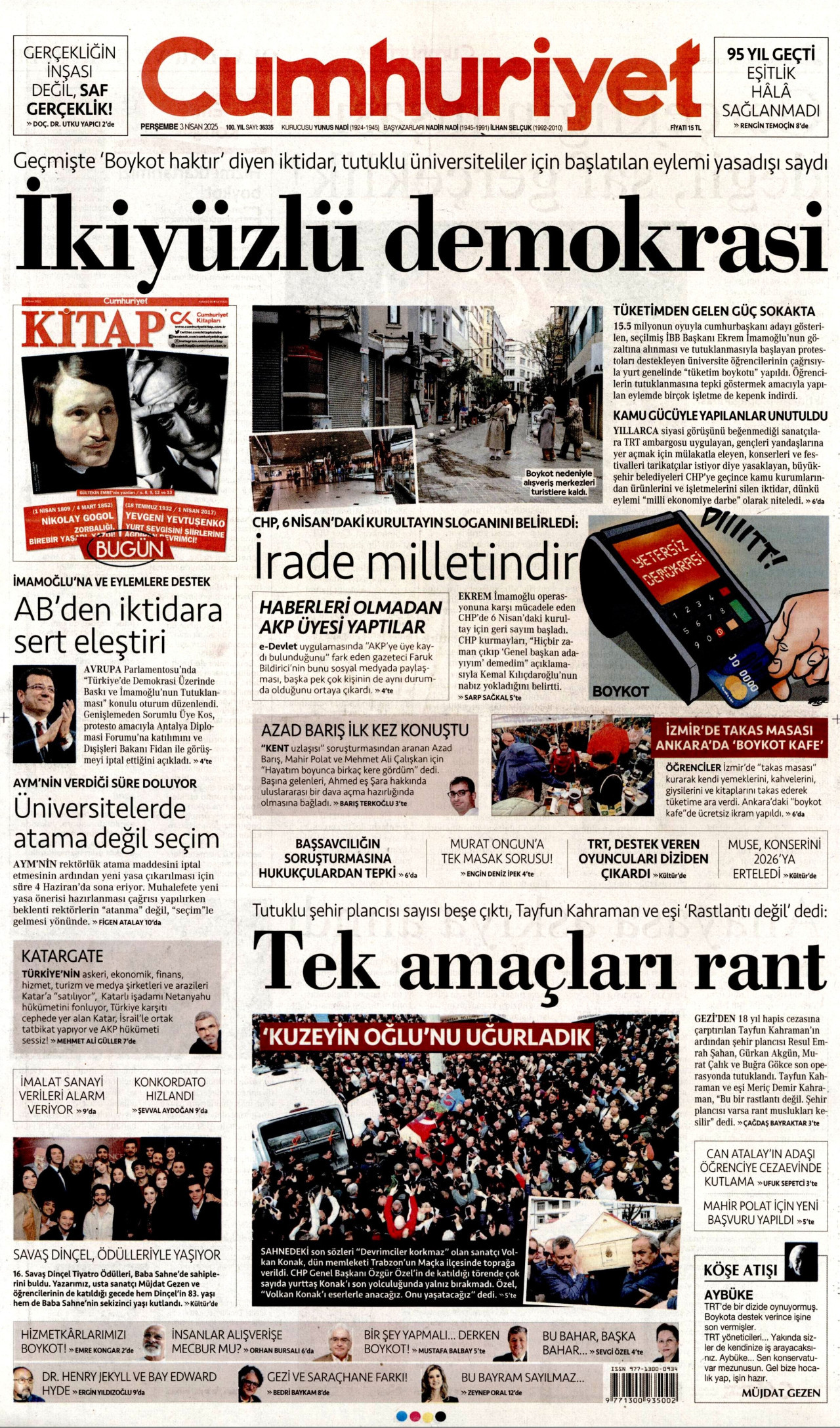 CUMHURİYET gazetesinin 3 Nisan 2025 tarihli birinci sayfası
