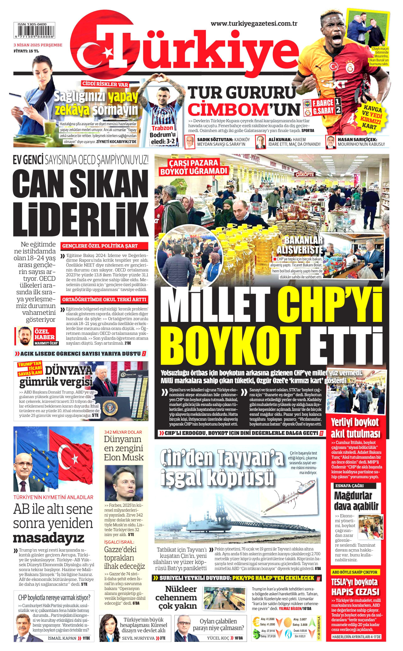 TÜRKİYE GAZETESİ gazetesinin 3 Nisan 2025 tarihli birinci sayfası