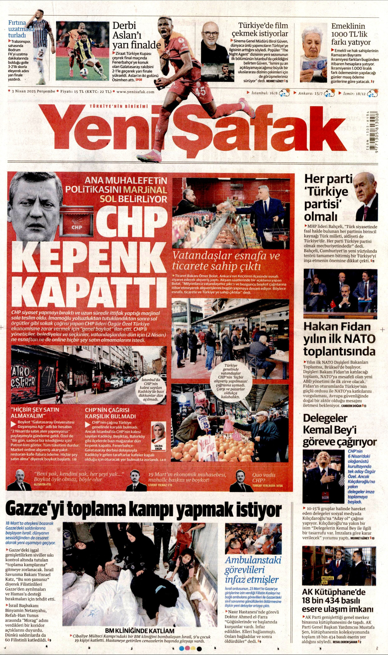 YENİ ŞAFAK gazetesinin 3 Nisan 2025 tarihli birinci sayfası