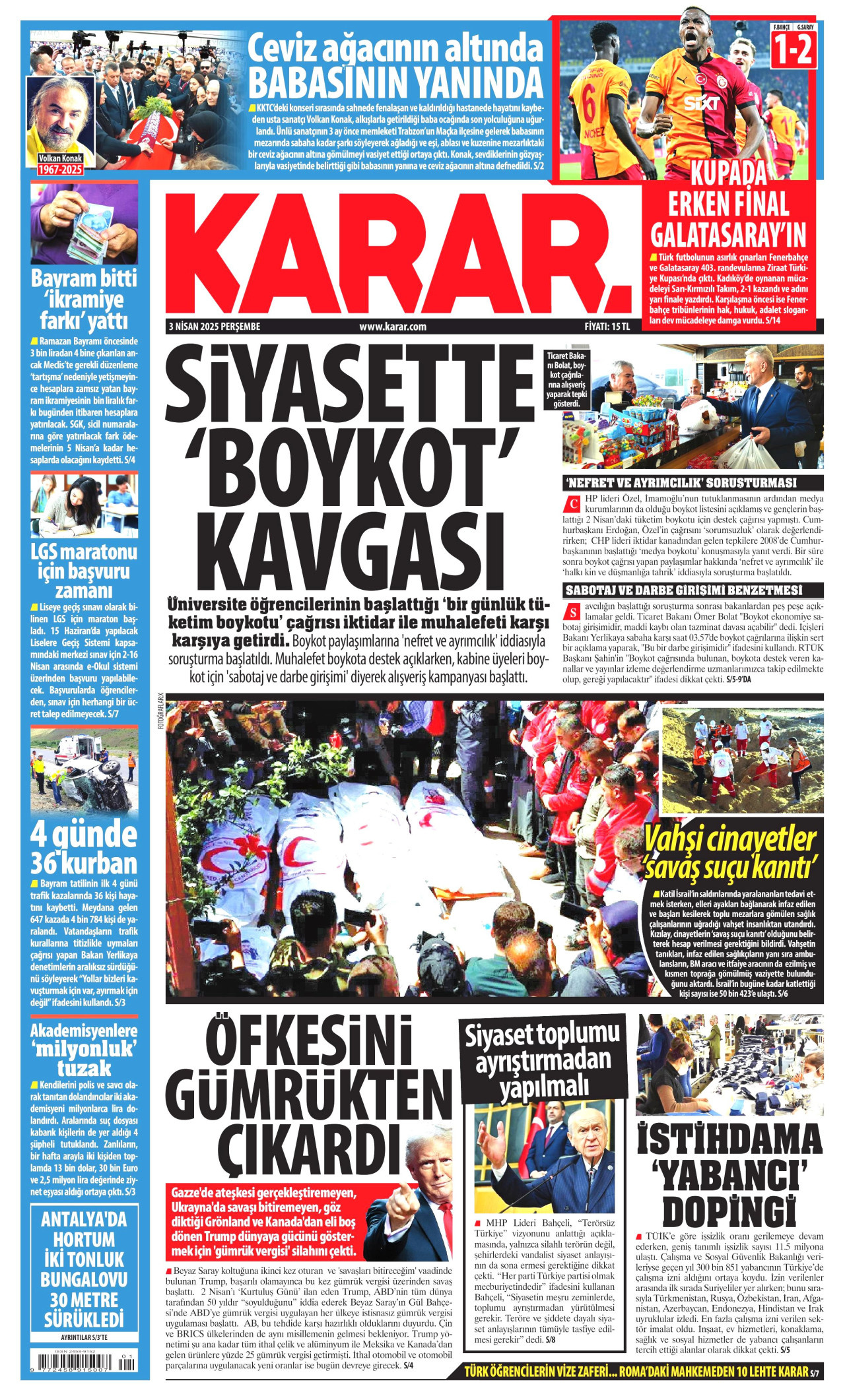 KARAR gazetesinin 3 Nisan 2025 tarihli birinci sayfası