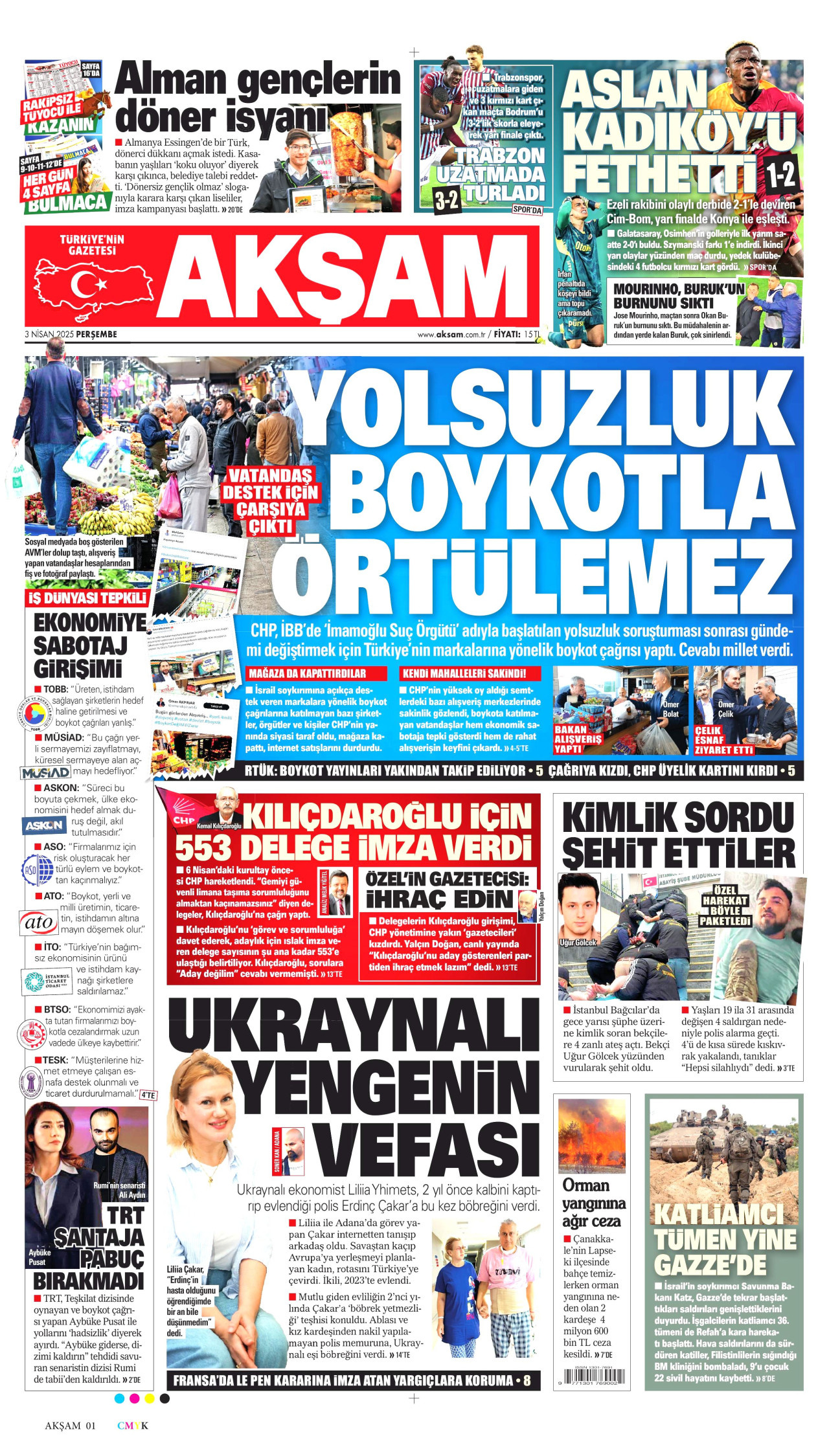 AKŞAM gazetesinin 3 Nisan 2025 tarihli birinci sayfası