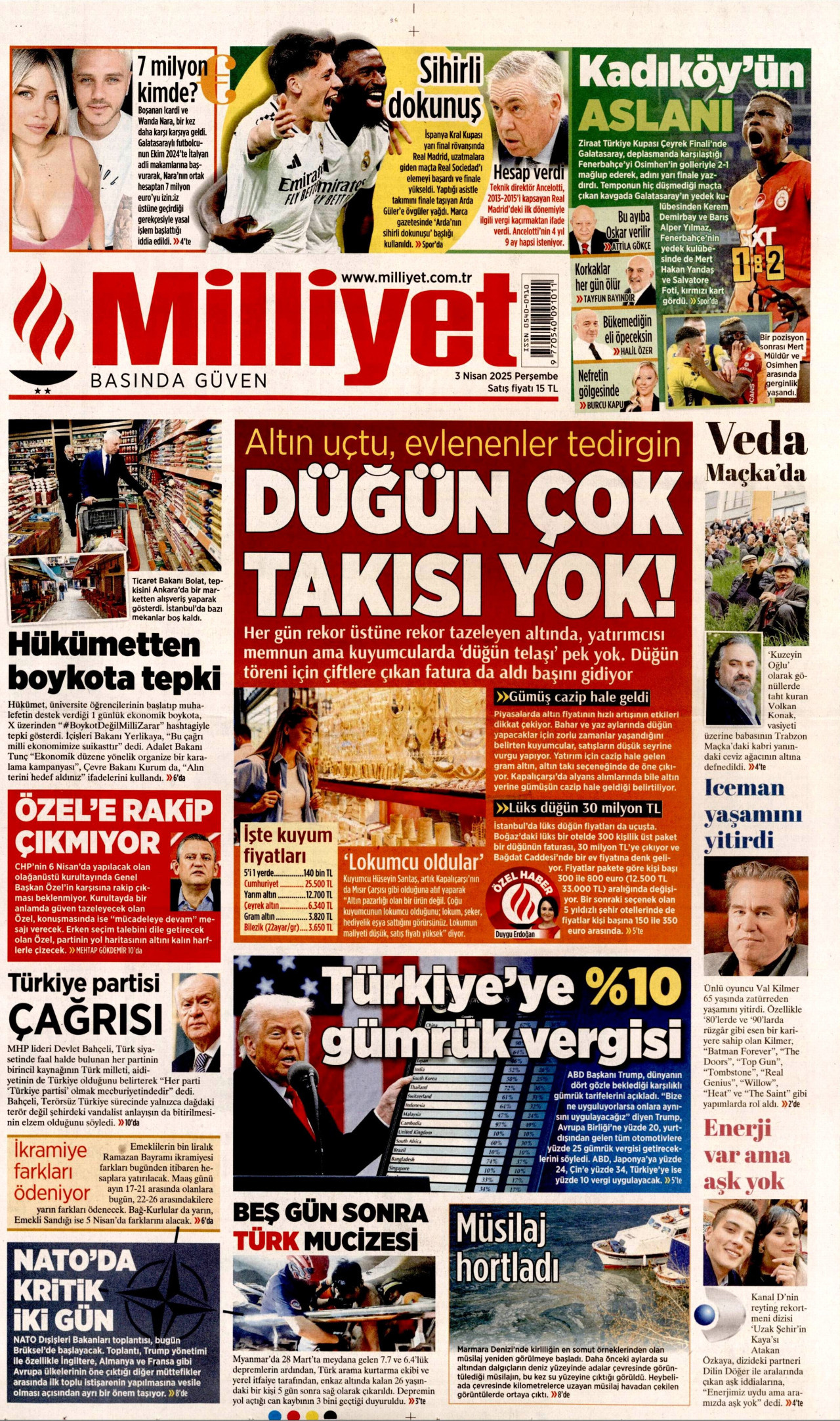MİLLİYET gazetesinin 3 Nisan 2025 tarihli birinci sayfası