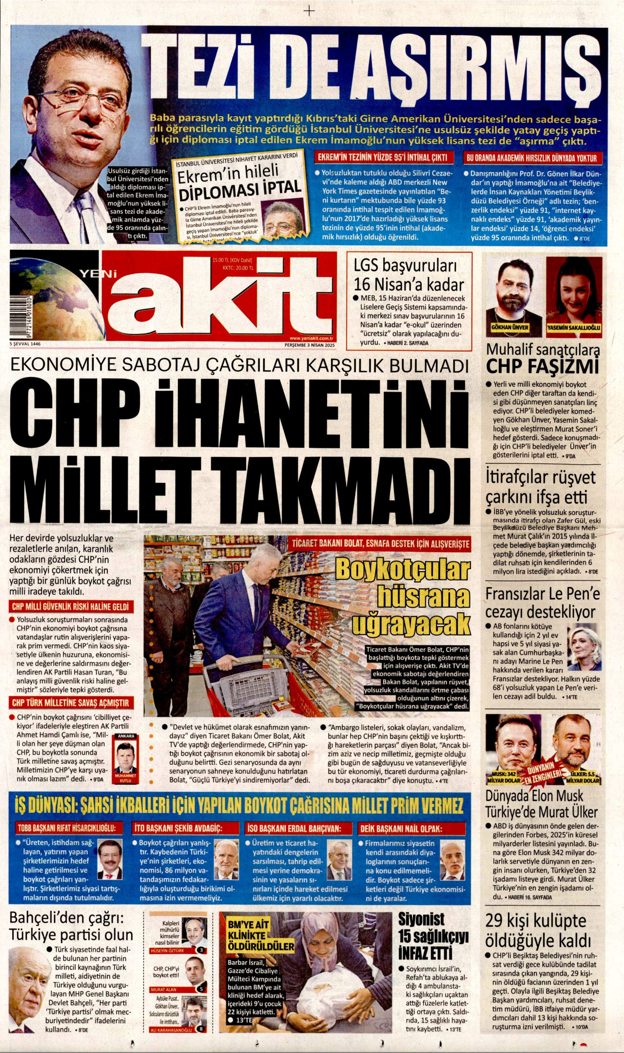 YENİ AKİT gazetesinin 3 Nisan 2025 tarihli birinci sayfası