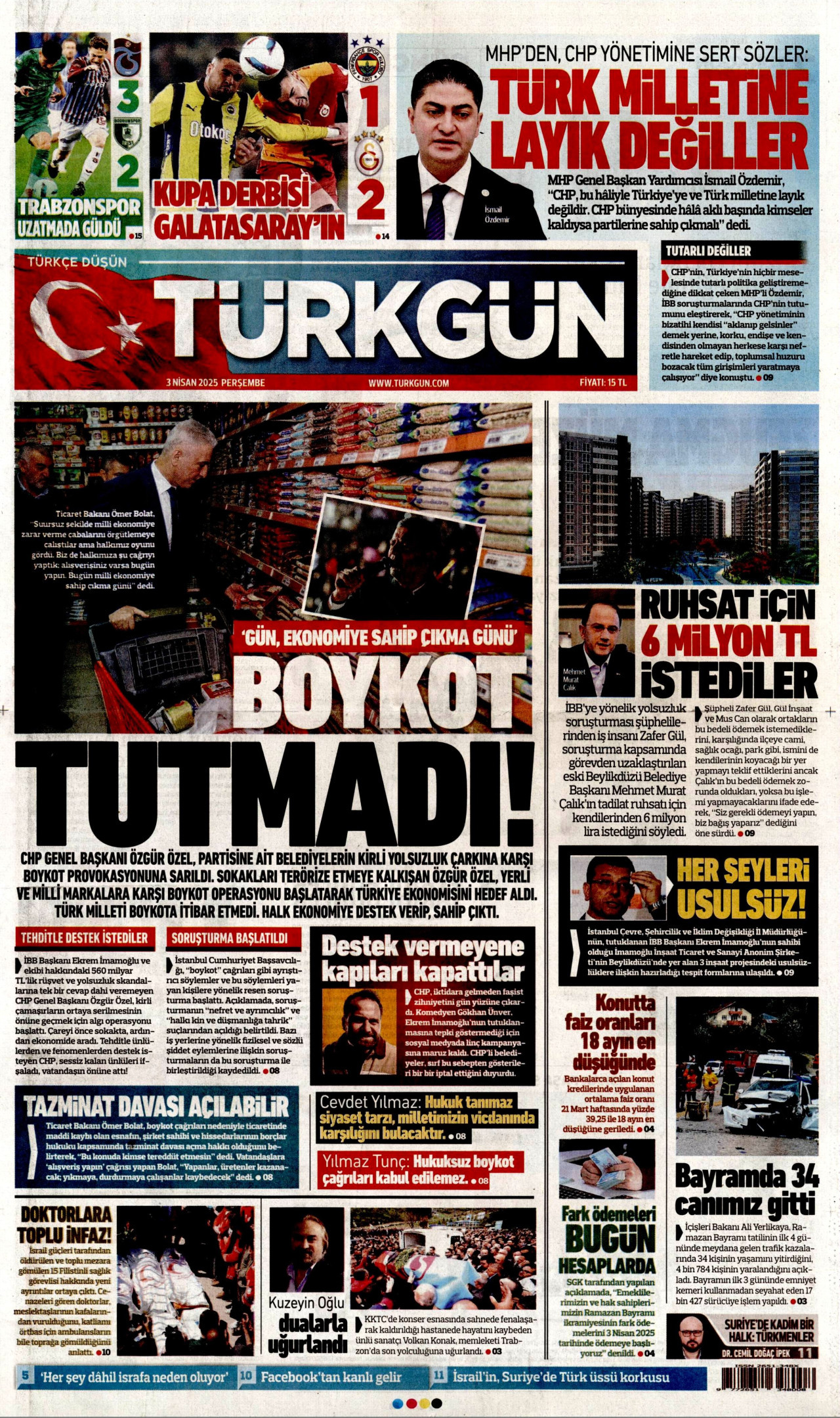 TÜRKGÜN gazetesinin 3 Nisan 2025 tarihli birinci sayfası