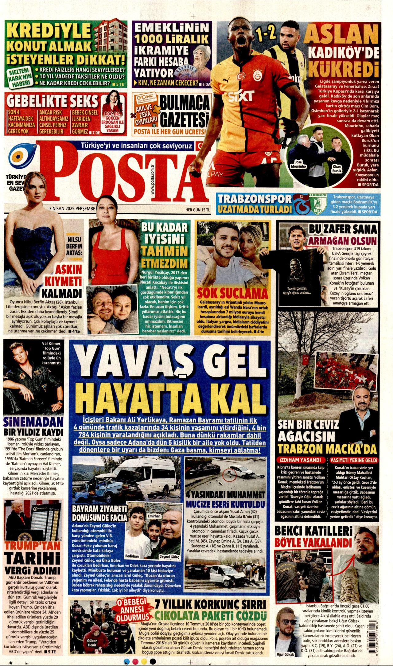 POSTA gazetesinin 3 Nisan 2025 tarihli birinci sayfası