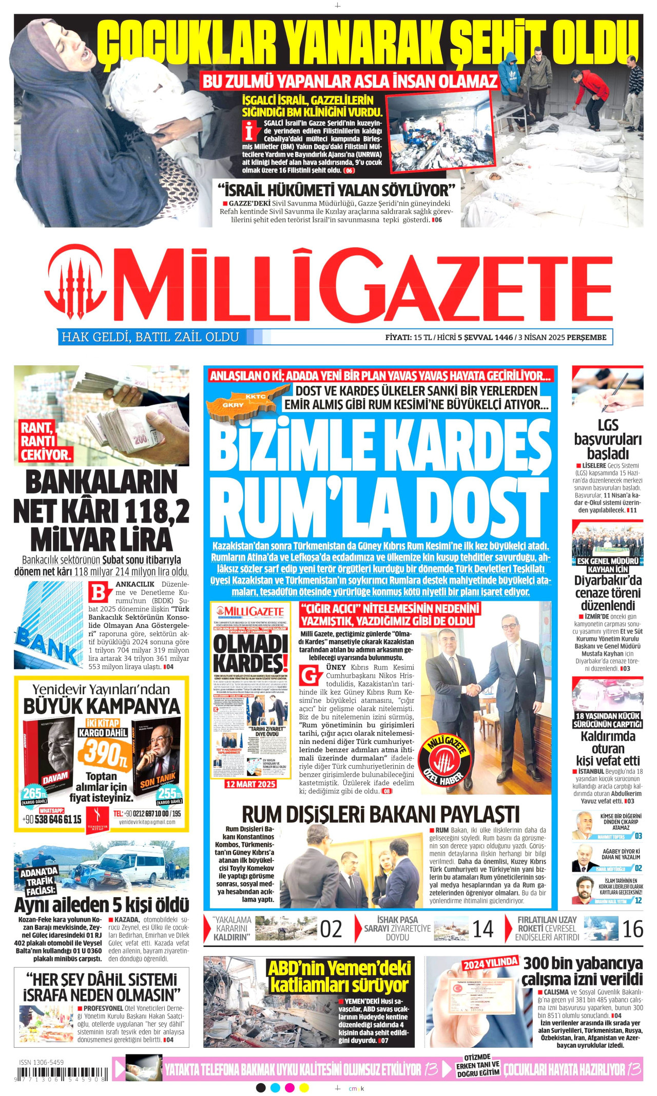 MİLLİ GAZETE gazetesinin 3 Nisan 2025 tarihli birinci sayfası