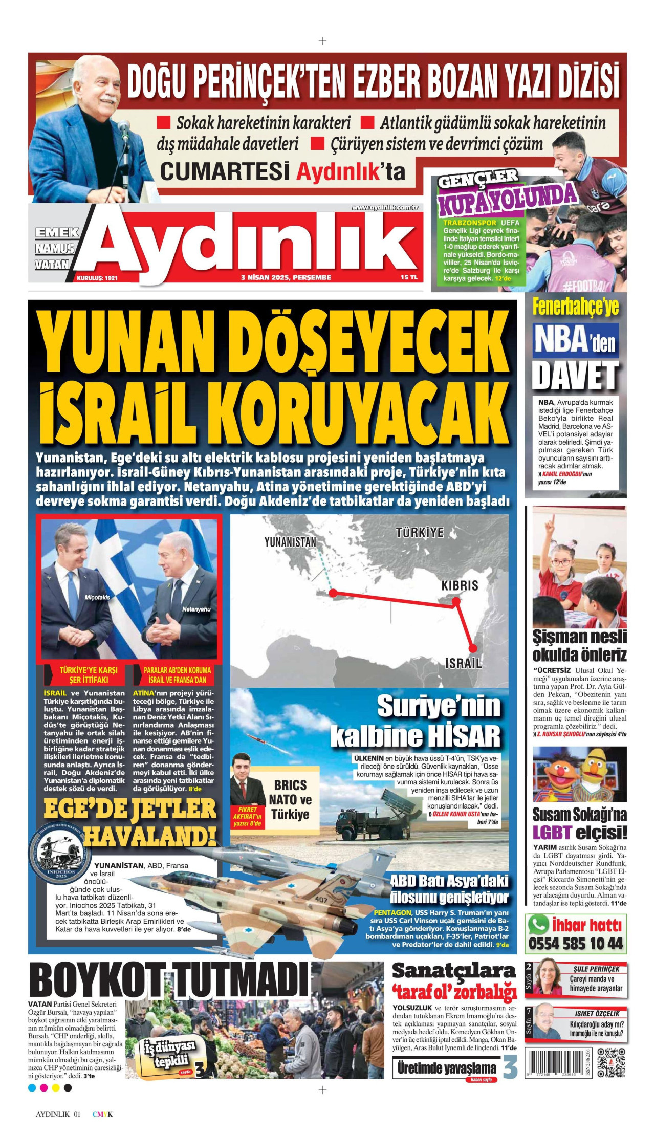 AYDINLIK GAZETESİ gazetesinin 3 Nisan 2025 tarihli birinci sayfası