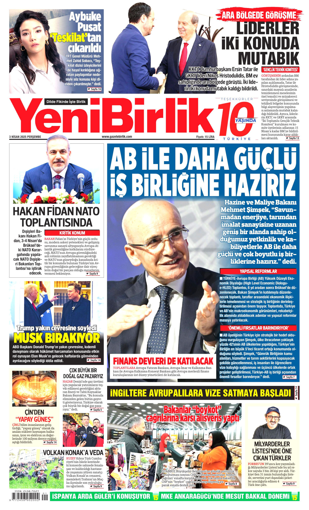 YENİBİRLİK gazetesinin 3 Nisan 2025 tarihli birinci sayfası