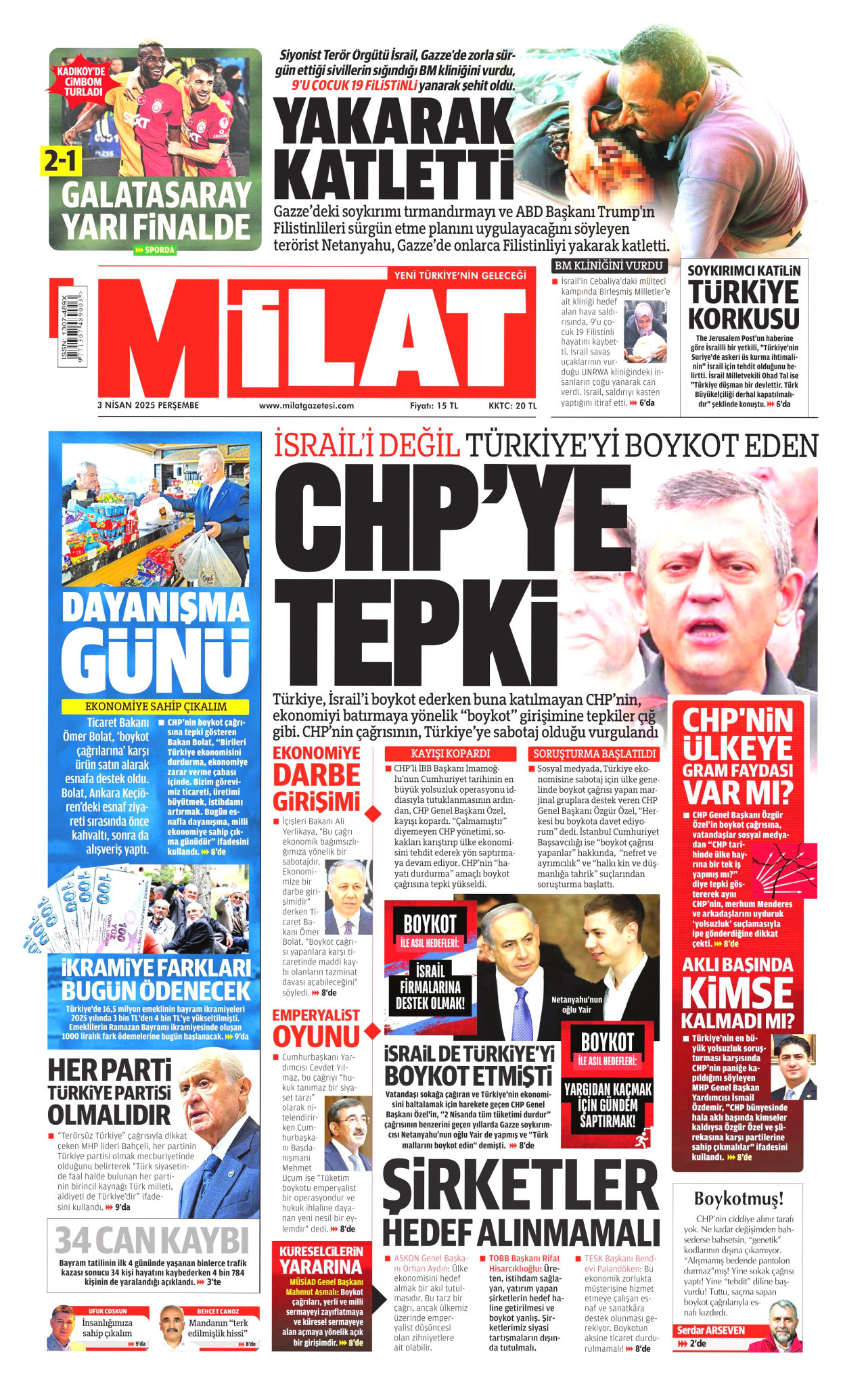 MİLAT gazetesinin 3 Nisan 2025 tarihli birinci sayfası