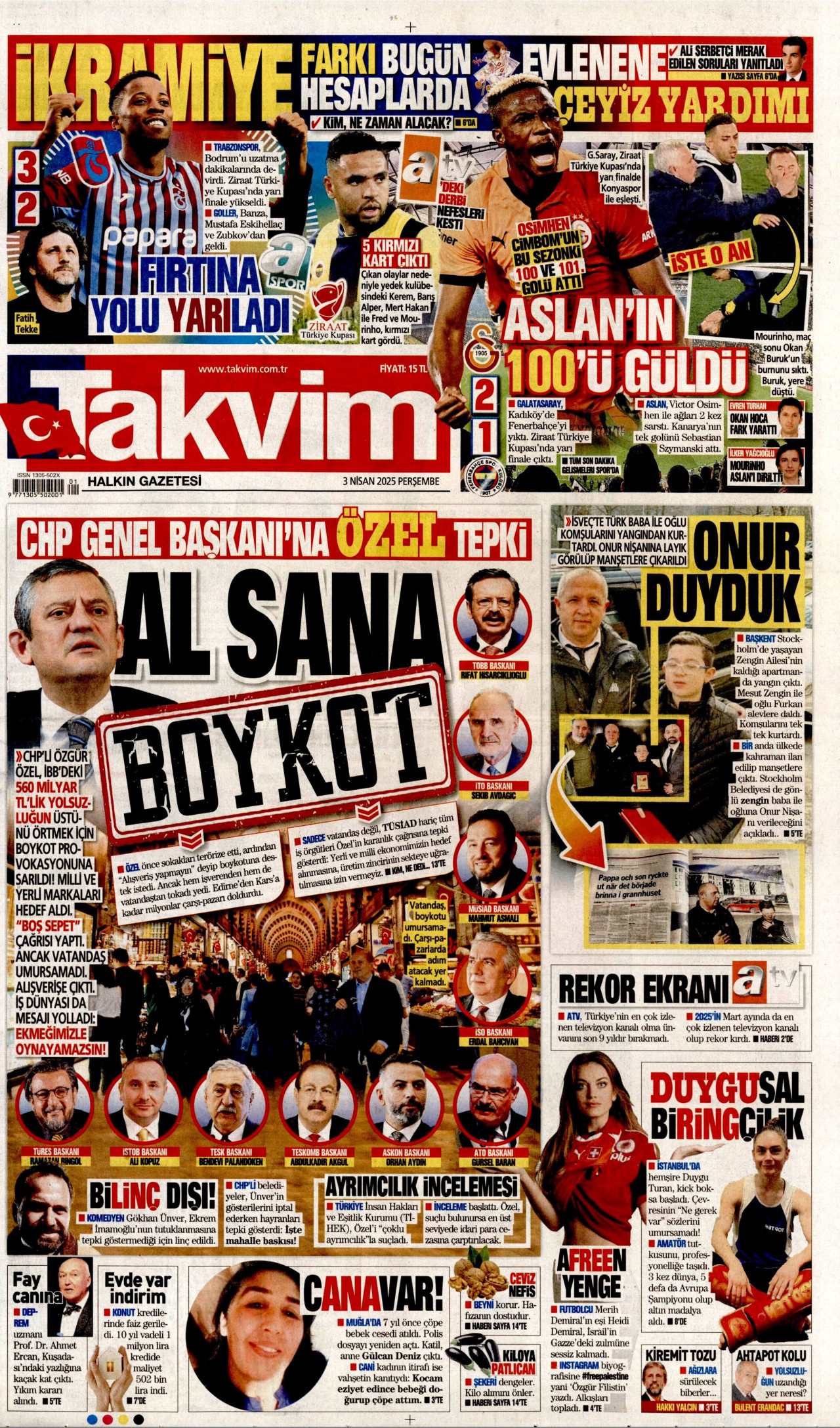 TAKVİM gazetesinin 3 Nisan 2025 tarihli birinci sayfası