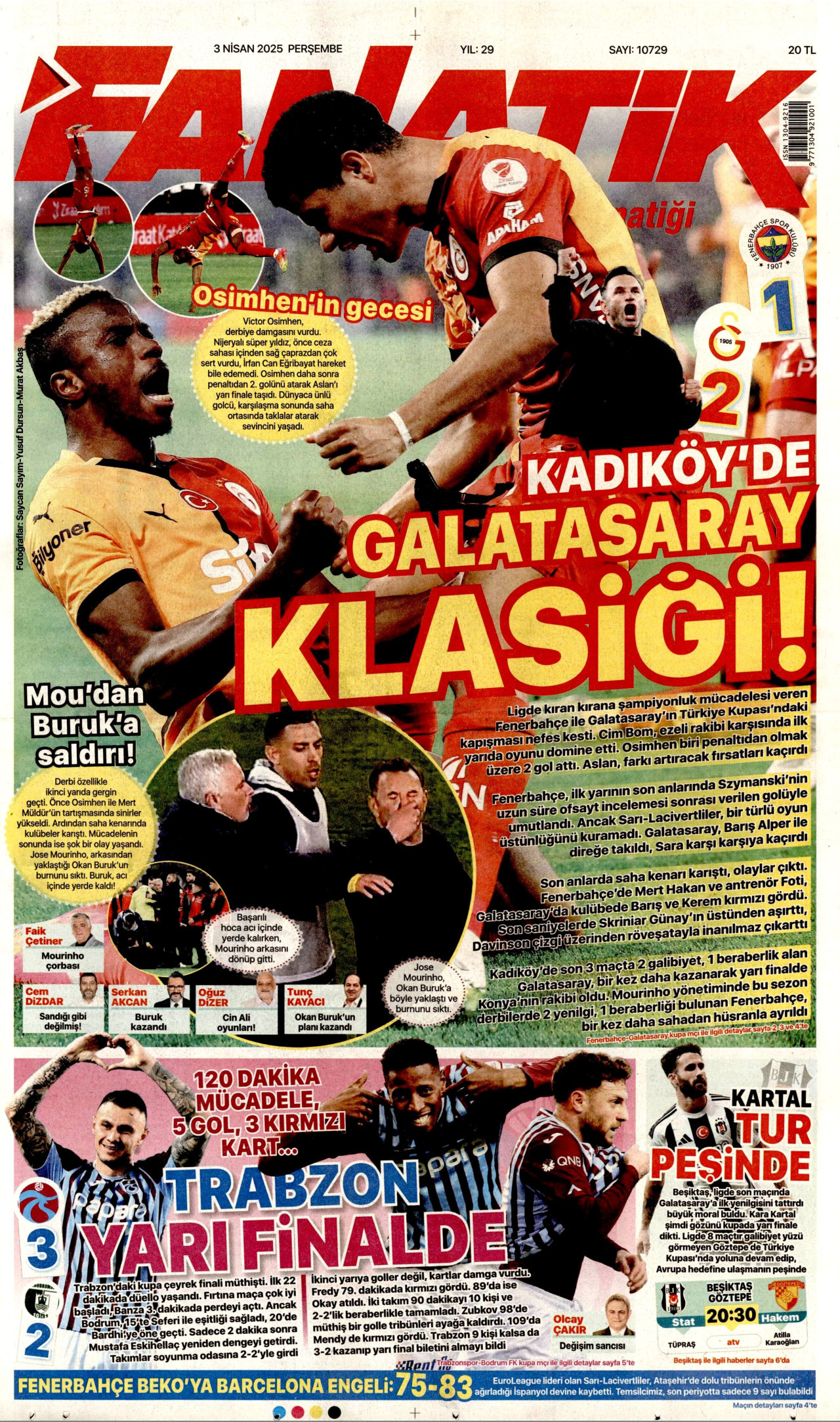 FANATİK gazetesinin 3 Nisan 2025 tarihli birinci sayfası