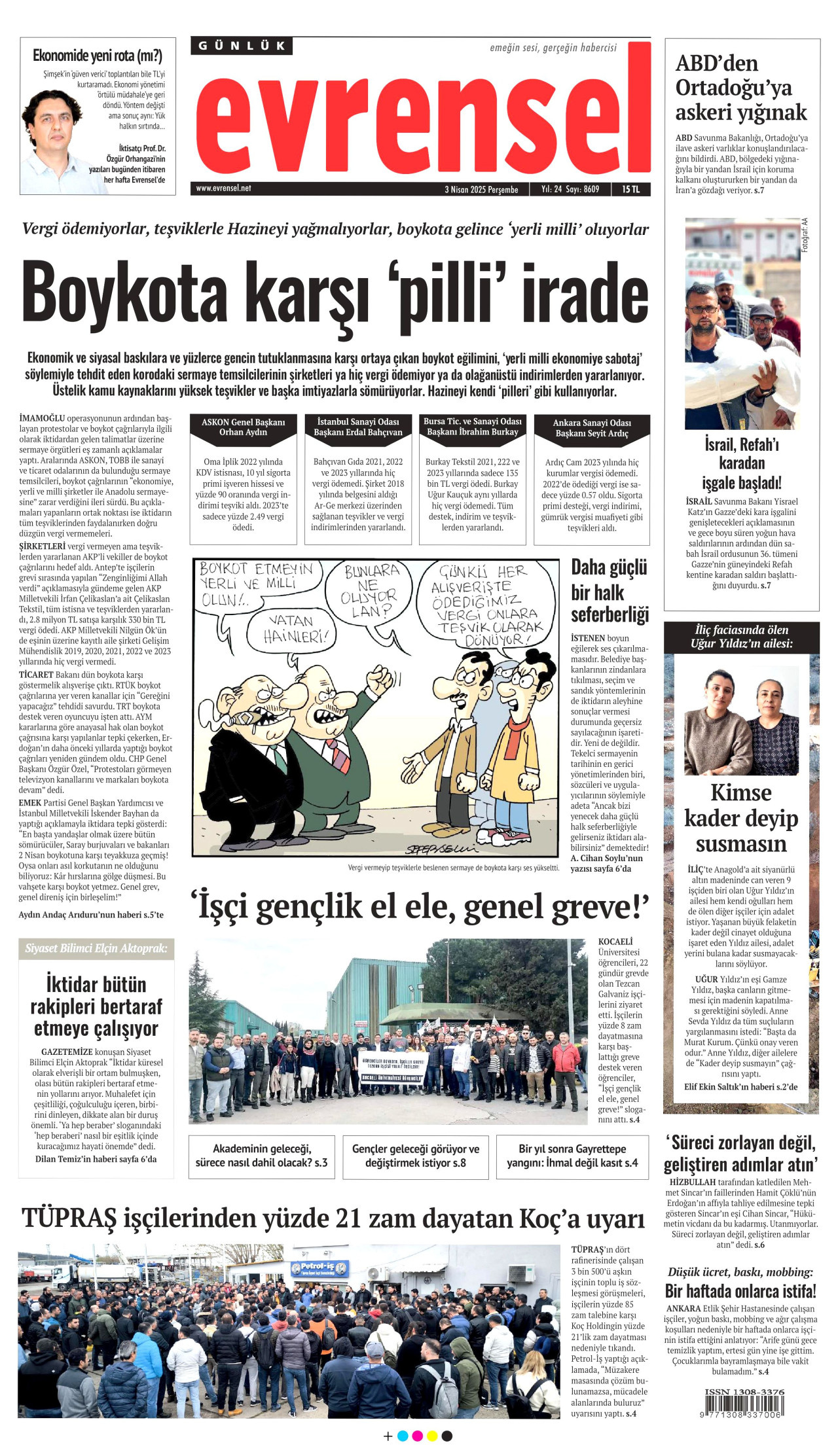 EVRENSEL gazetesinin 3 Nisan 2025 tarihli birinci sayfası
