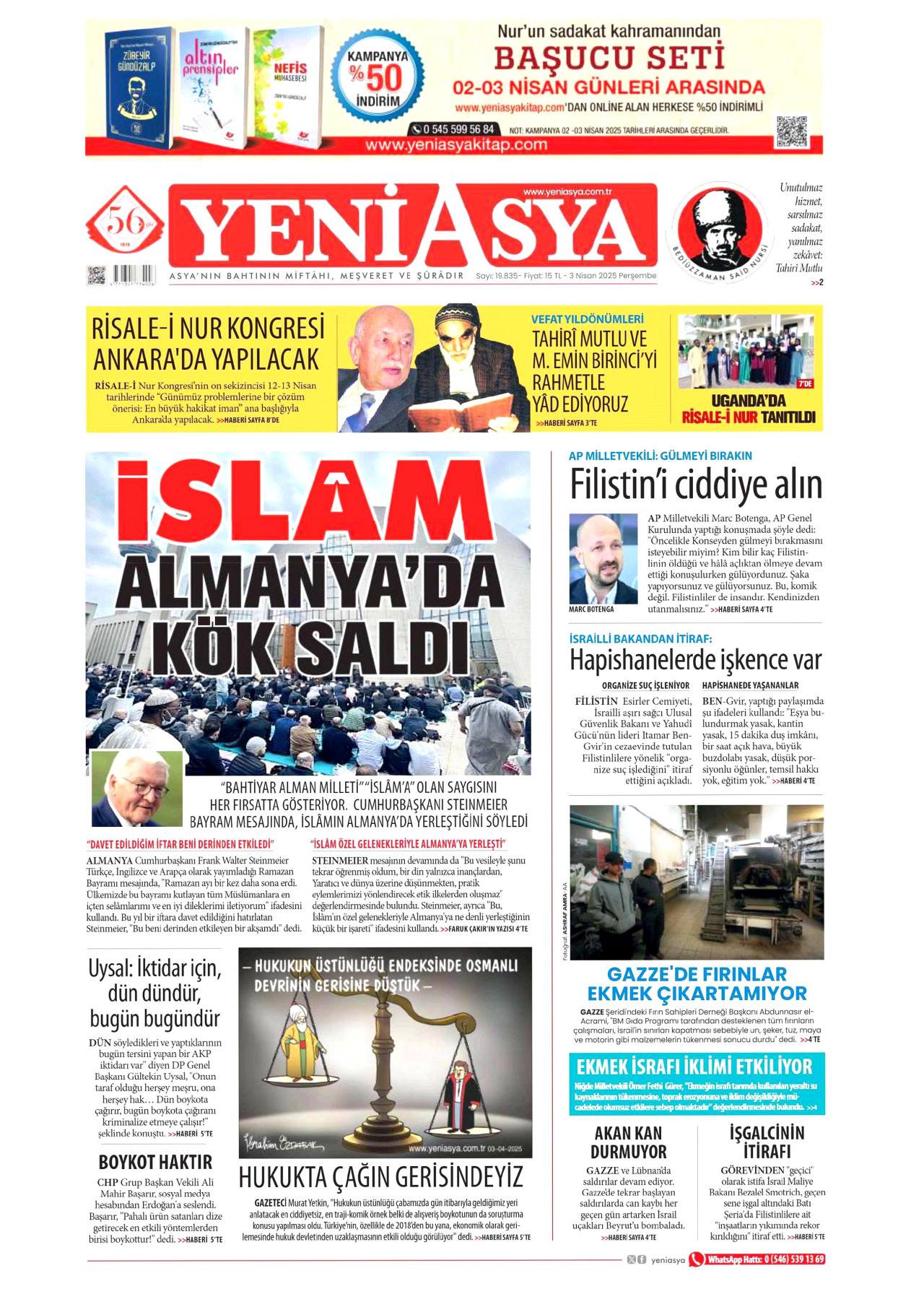 YENİ ASYA gazetesinin 3 Nisan 2025 tarihli birinci sayfası
