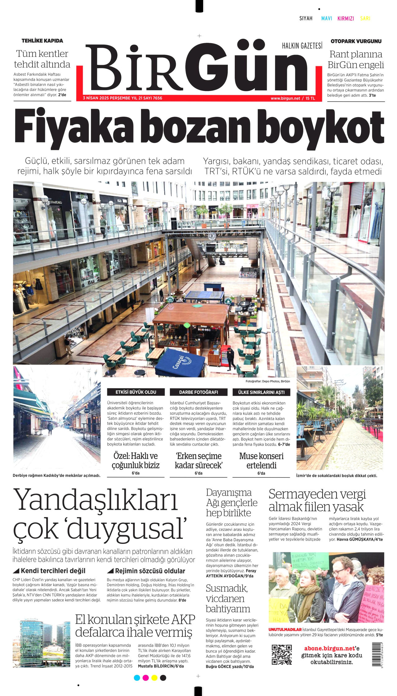BİRGÜN gazetesinin 3 Nisan 2025 tarihli birinci sayfası