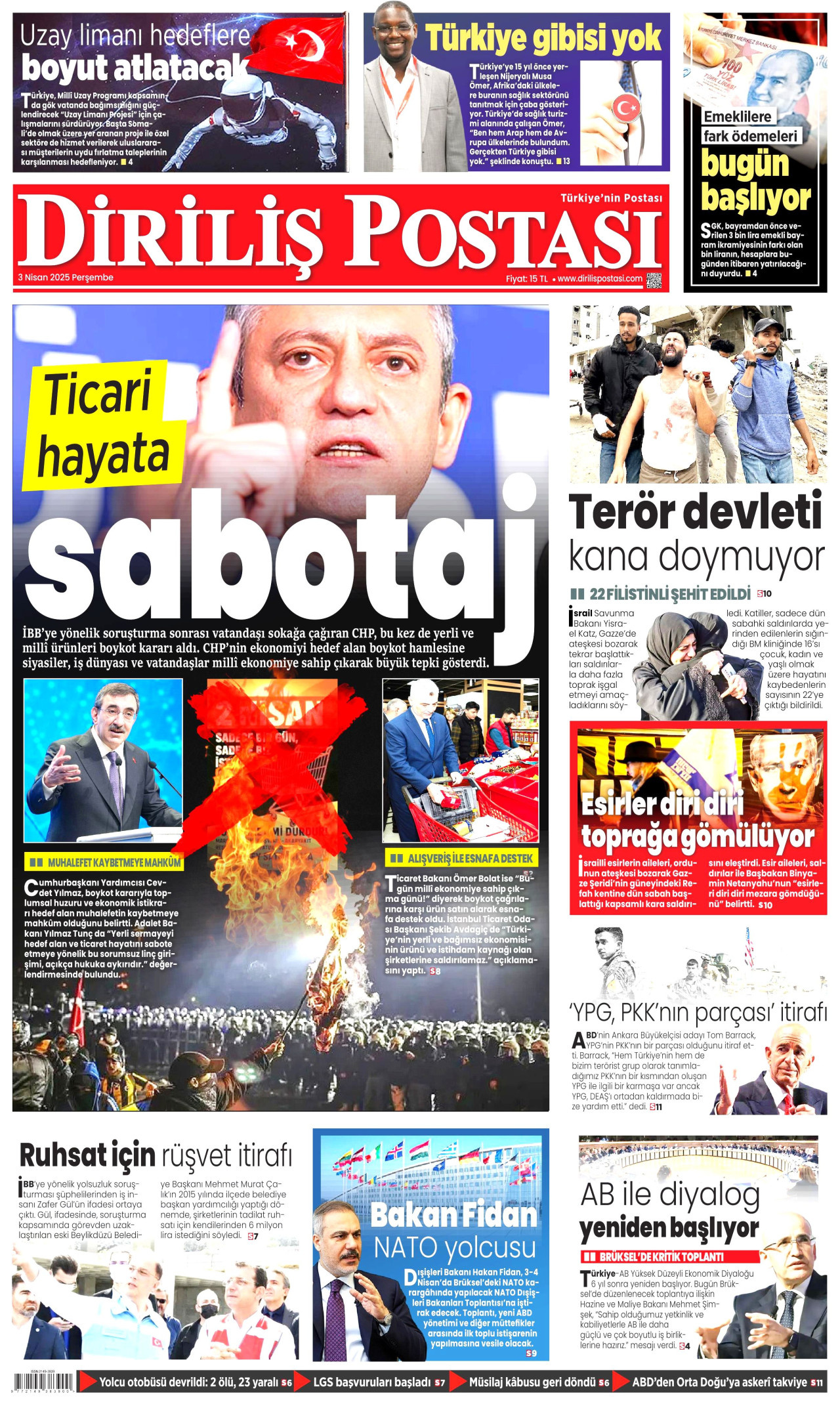 DİRİLİŞ POSTASI gazetesinin 3 Nisan 2025 tarihli birinci sayfası