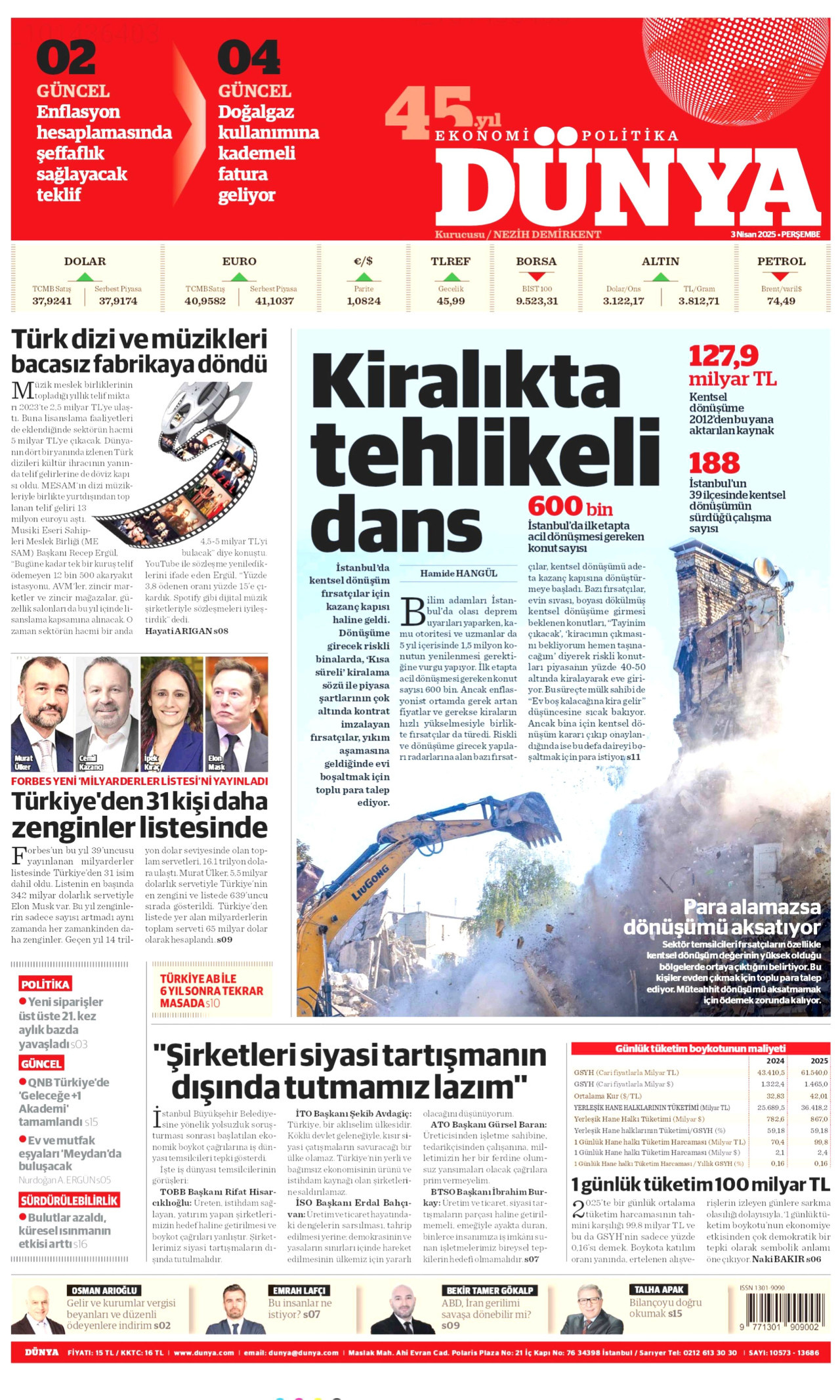 DÜNYA gazetesinin 3 Nisan 2025 tarihli birinci sayfası
