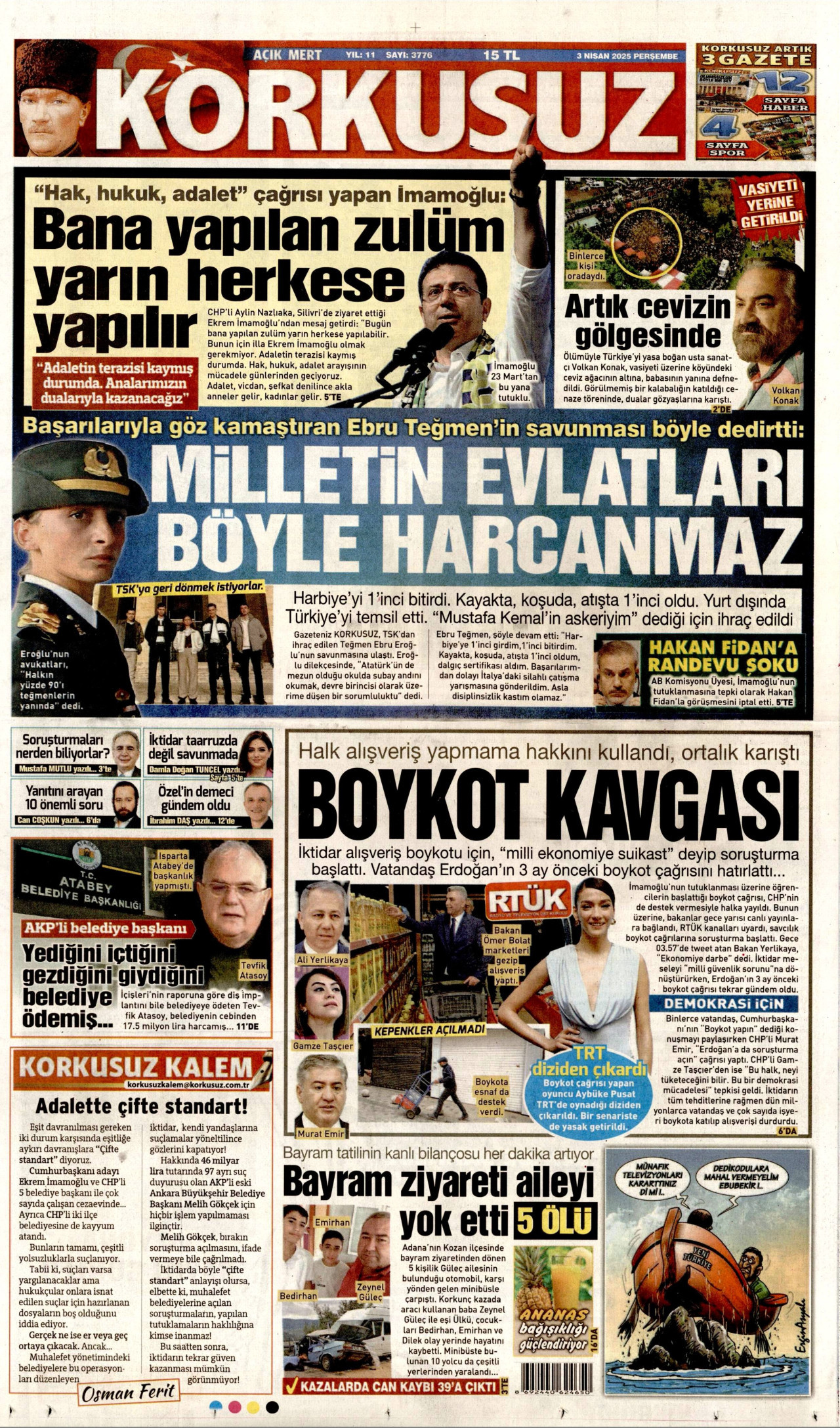 KORKUSUZ gazetesinin 3 Nisan 2025 tarihli birinci sayfası
