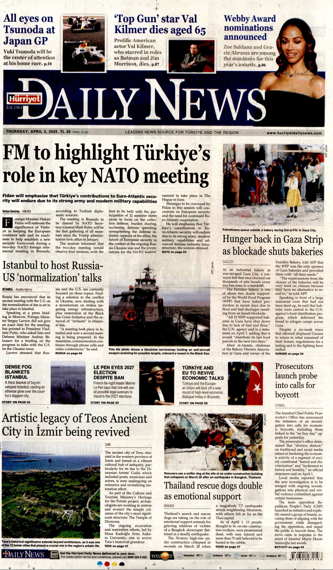 HÜRRİYET DAİLY NEWS gazetesinin 3 Nisan 2025 tarihli birinci sayfası