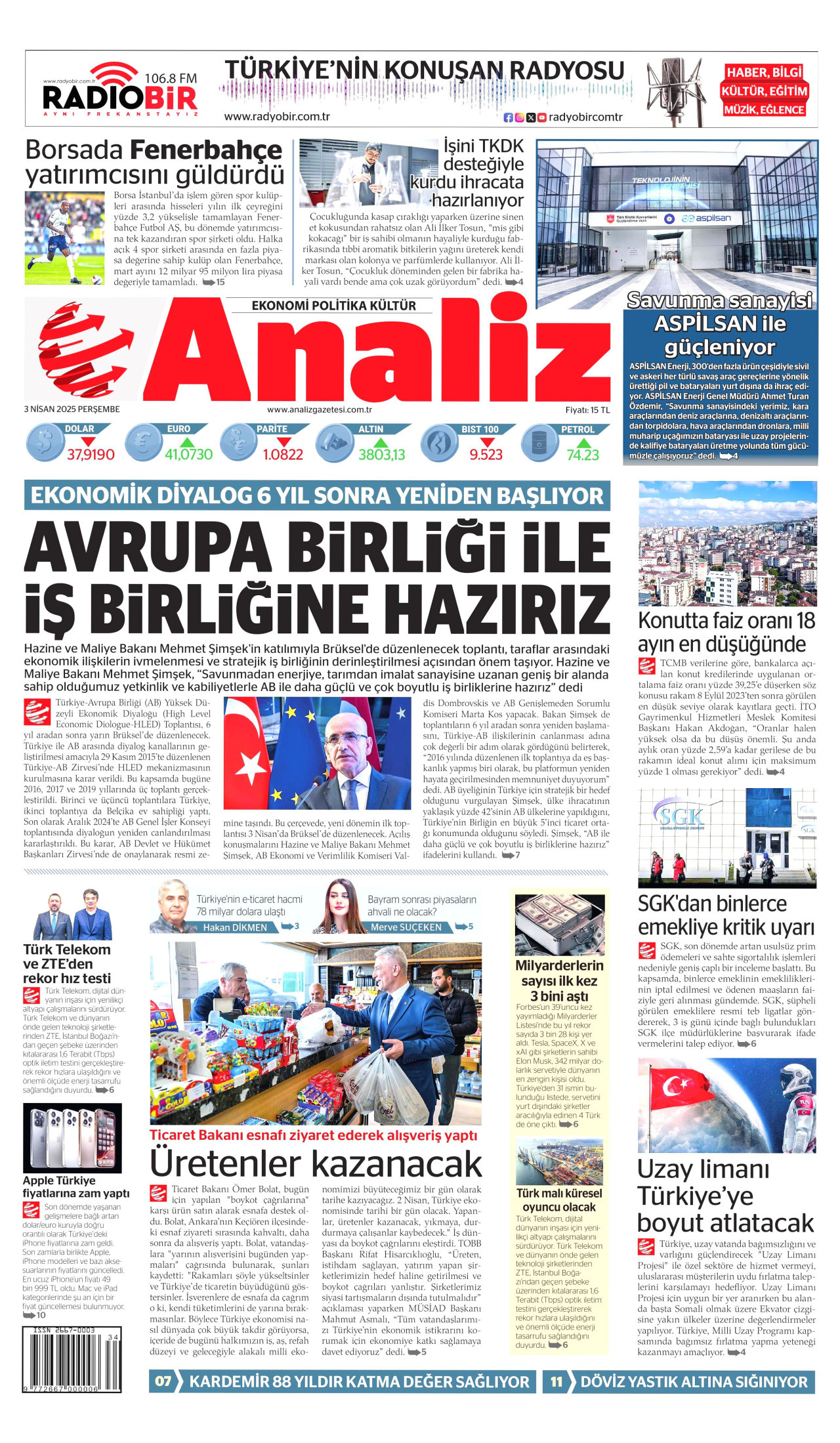 ANALİZ gazetesinin 3 Nisan 2025 tarihli birinci sayfası