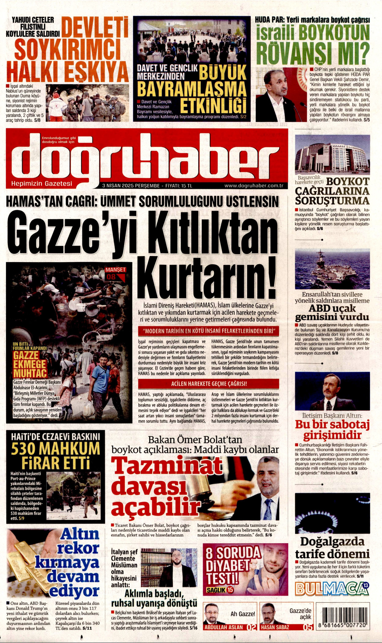 DOĞRU HABER gazetesinin 3 Nisan 2025 tarihli birinci sayfası