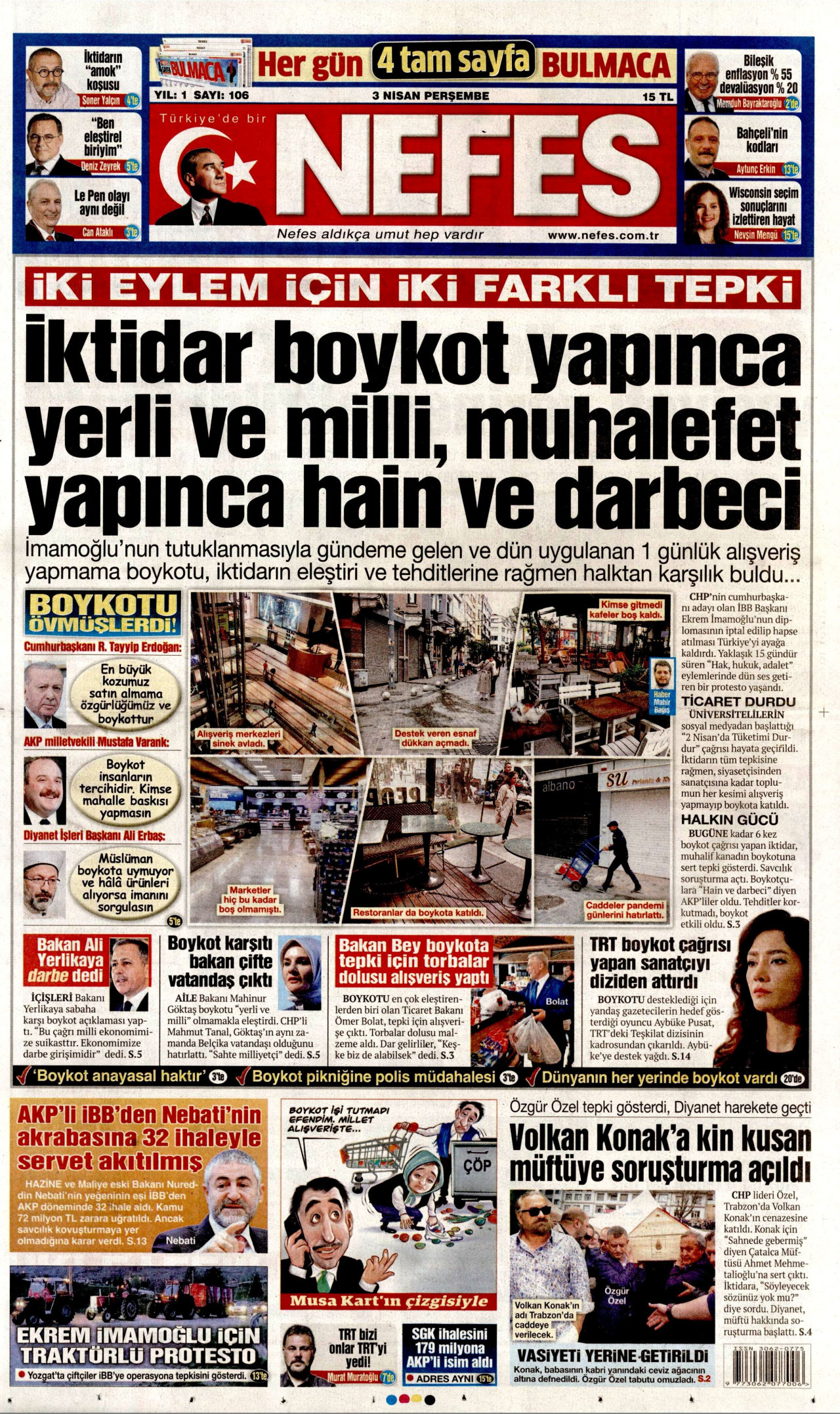NEFES gazetesinin 3 Nisan 2025 tarihli birinci sayfası