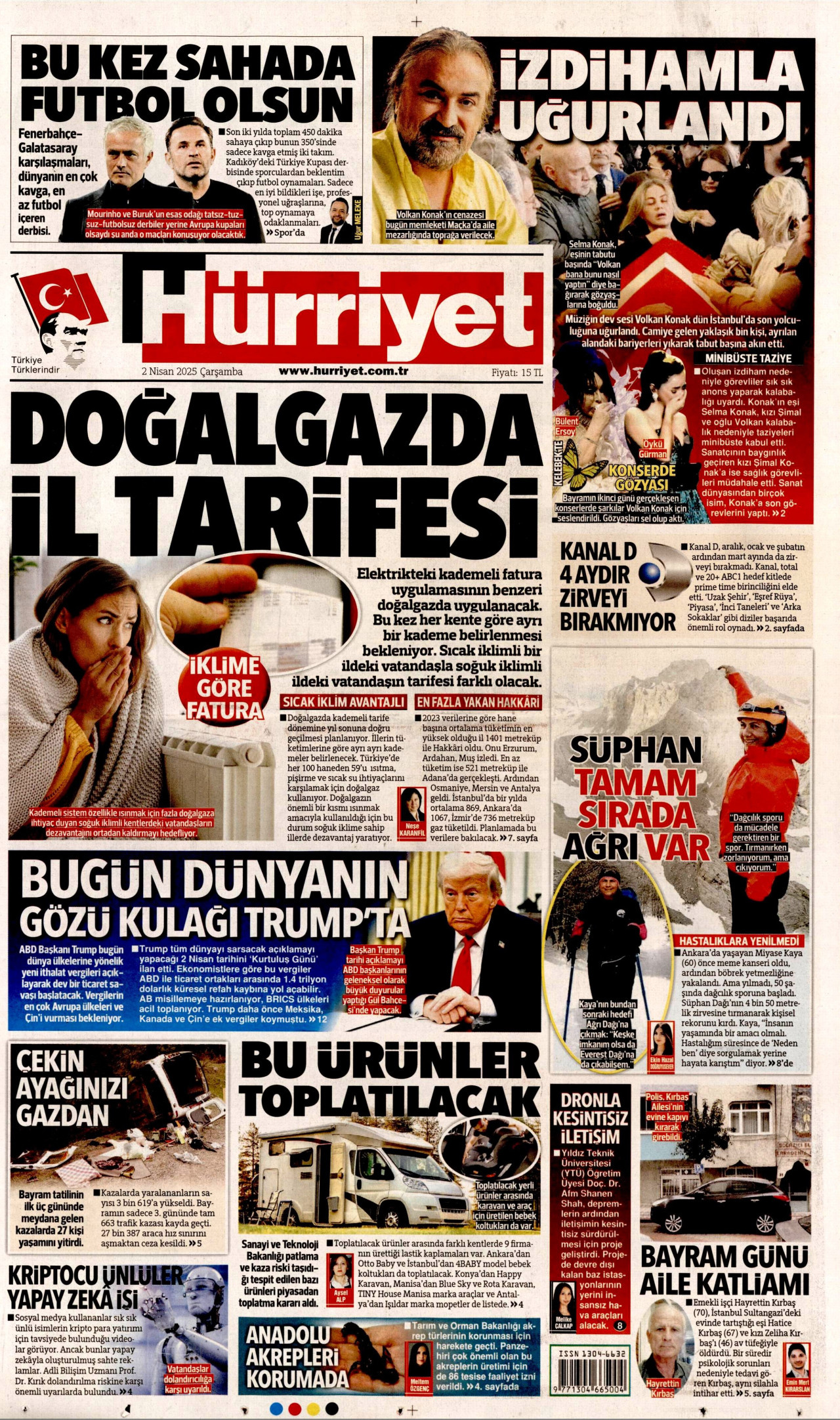 HÜRRİYET gazetesinin 2 Nisan 2025 tarihli birinci sayfası