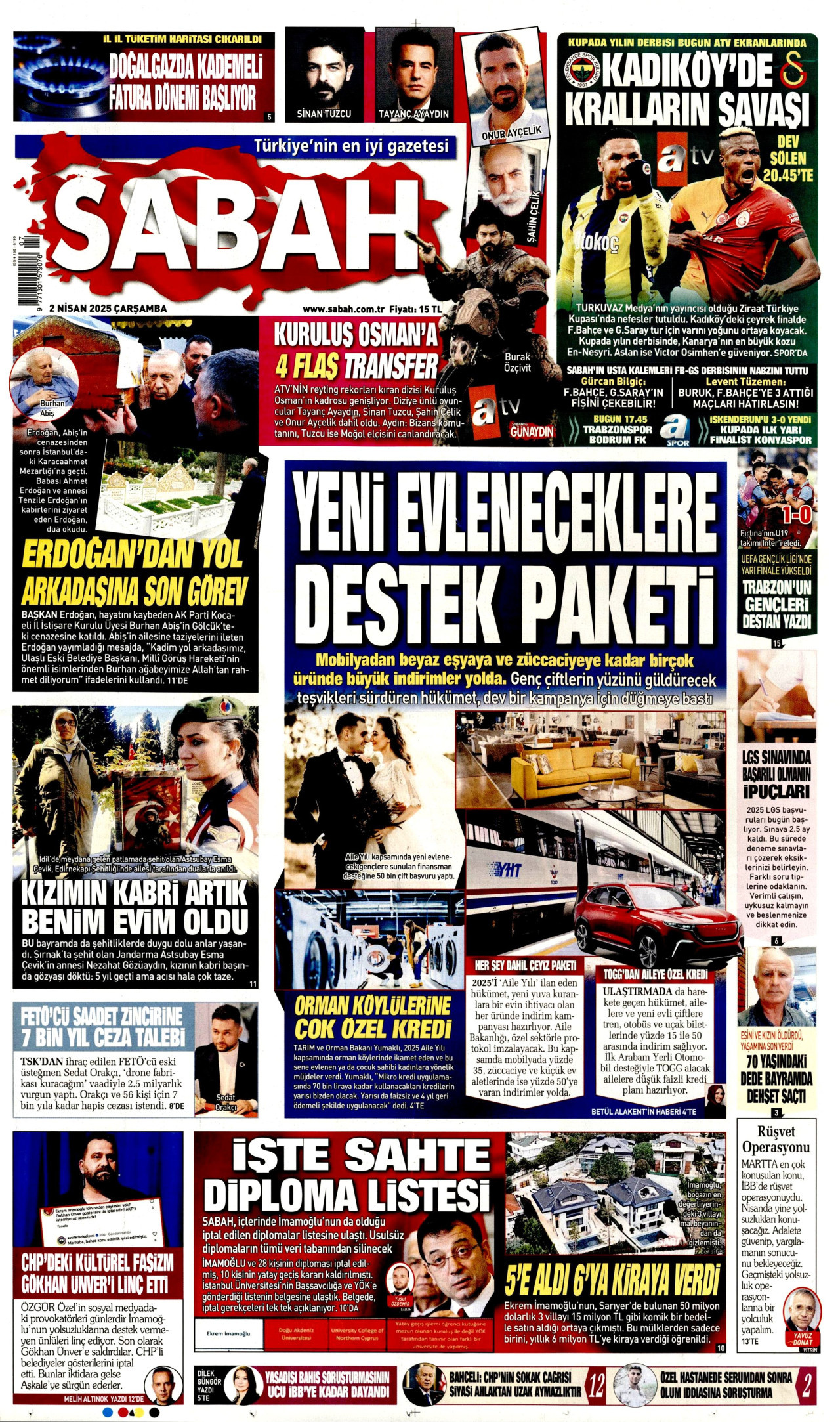 SABAH gazetesinin 2 Nisan 2025 tarihli birinci sayfası