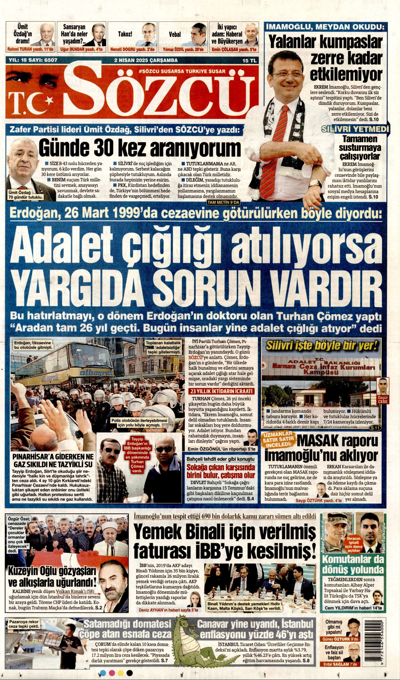 SÖZCÜ gazetesinin 2 Nisan 2025 tarihli birinci sayfası