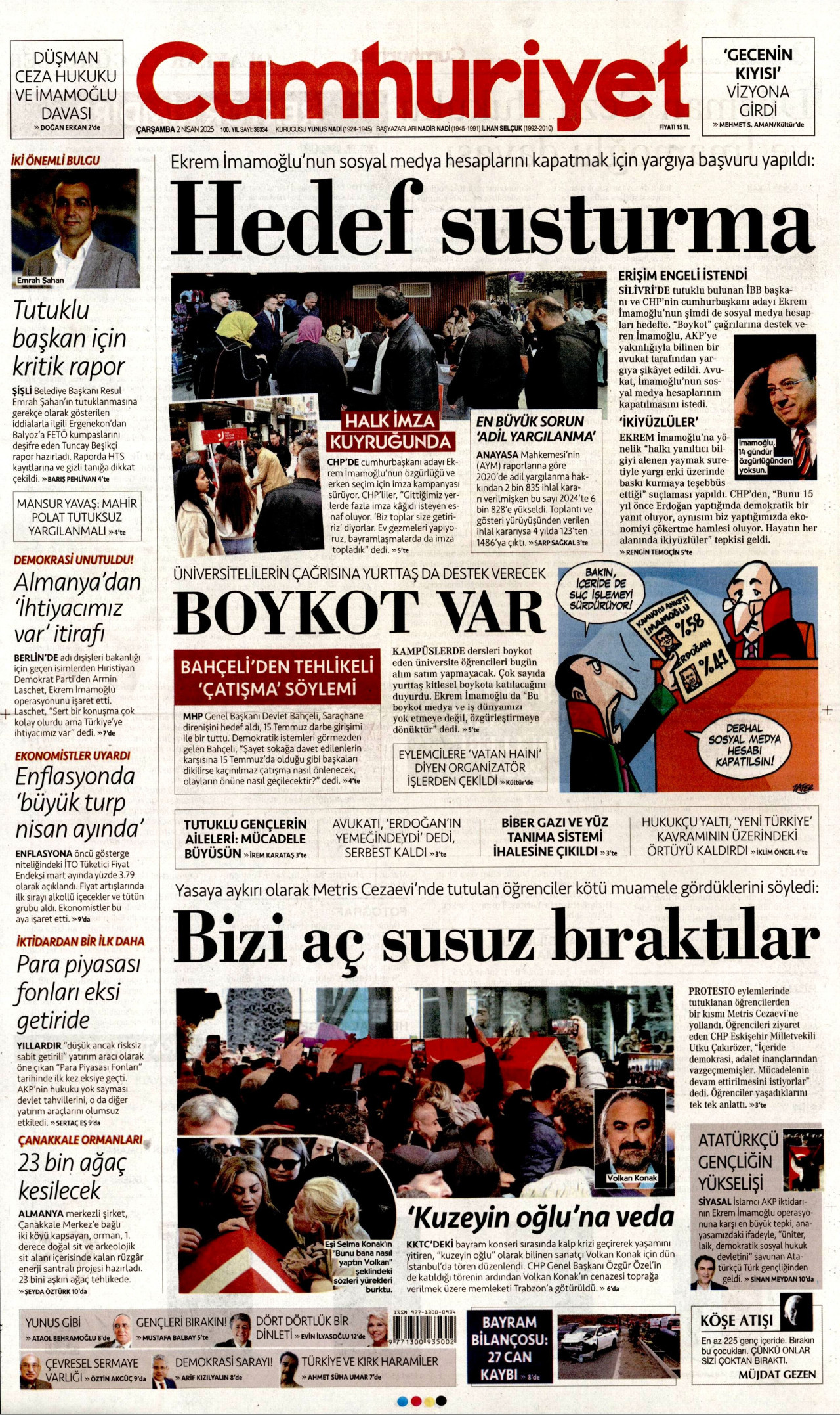 CUMHURİYET gazetesinin 2 Nisan 2025 tarihli birinci sayfası