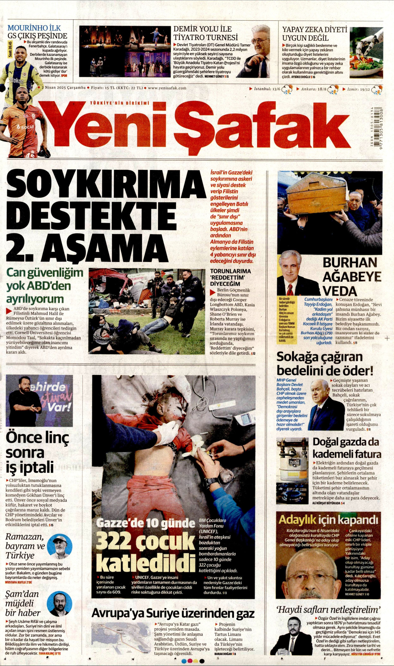 YENİ ŞAFAK gazetesinin 2 Nisan 2025 tarihli birinci sayfası