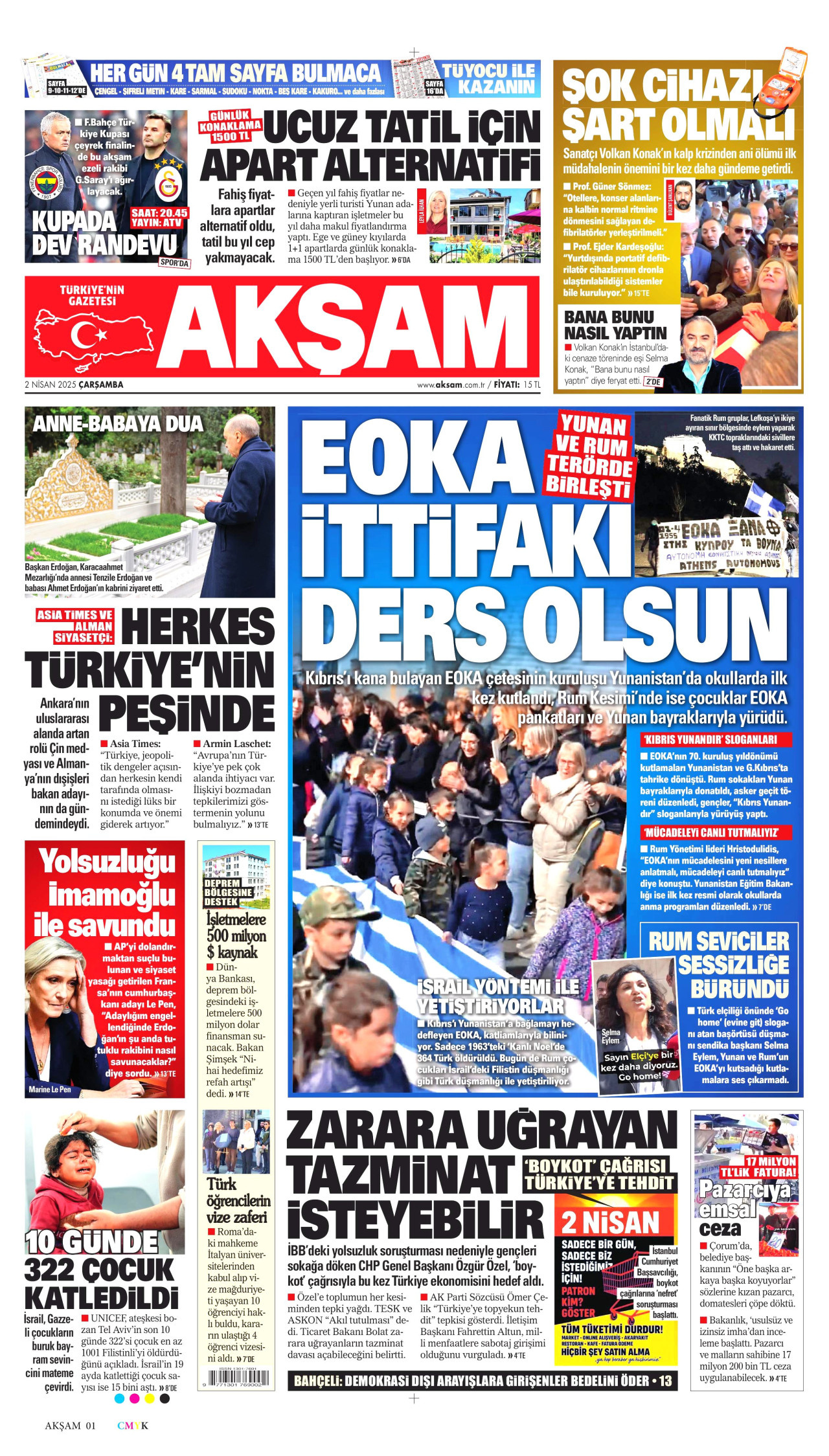 AKŞAM gazetesinin 2 Nisan 2025 tarihli birinci sayfası